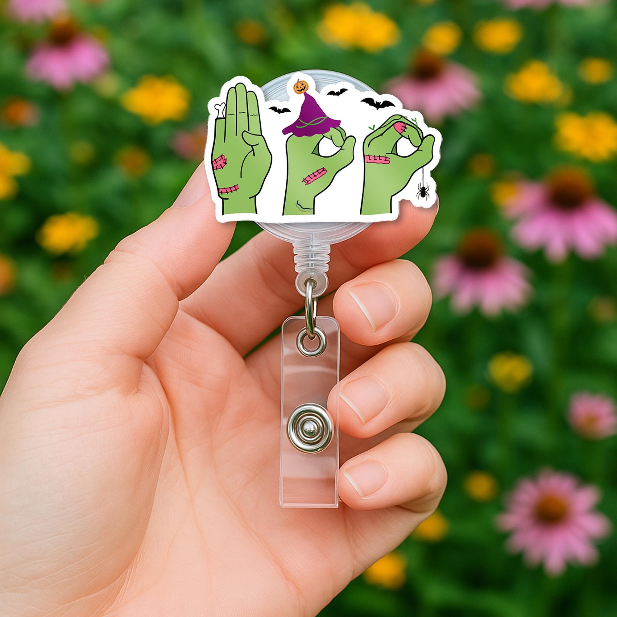 Halloween ASL Badge Reel - Zombie Hands Love Sign Retractable ID Holder, Cute Funny Spooky Nurse Badge for Fall Work Season