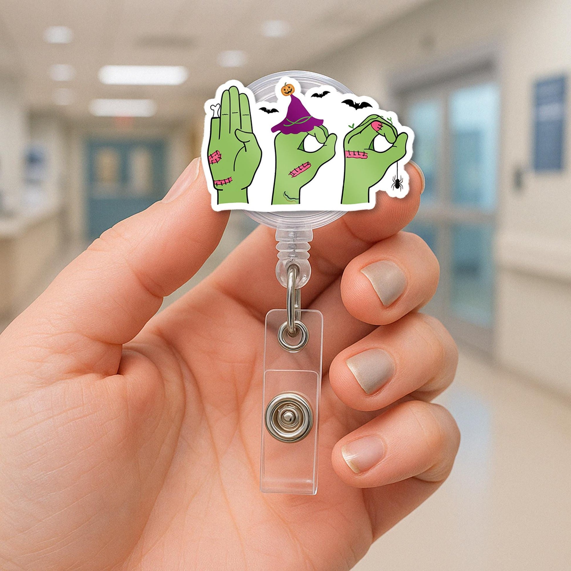 Halloween ASL Badge Reel - Zombie Hands Love Sign Retractable ID Holder, Cute Funny Spooky Nurse Badge for Fall Work Season