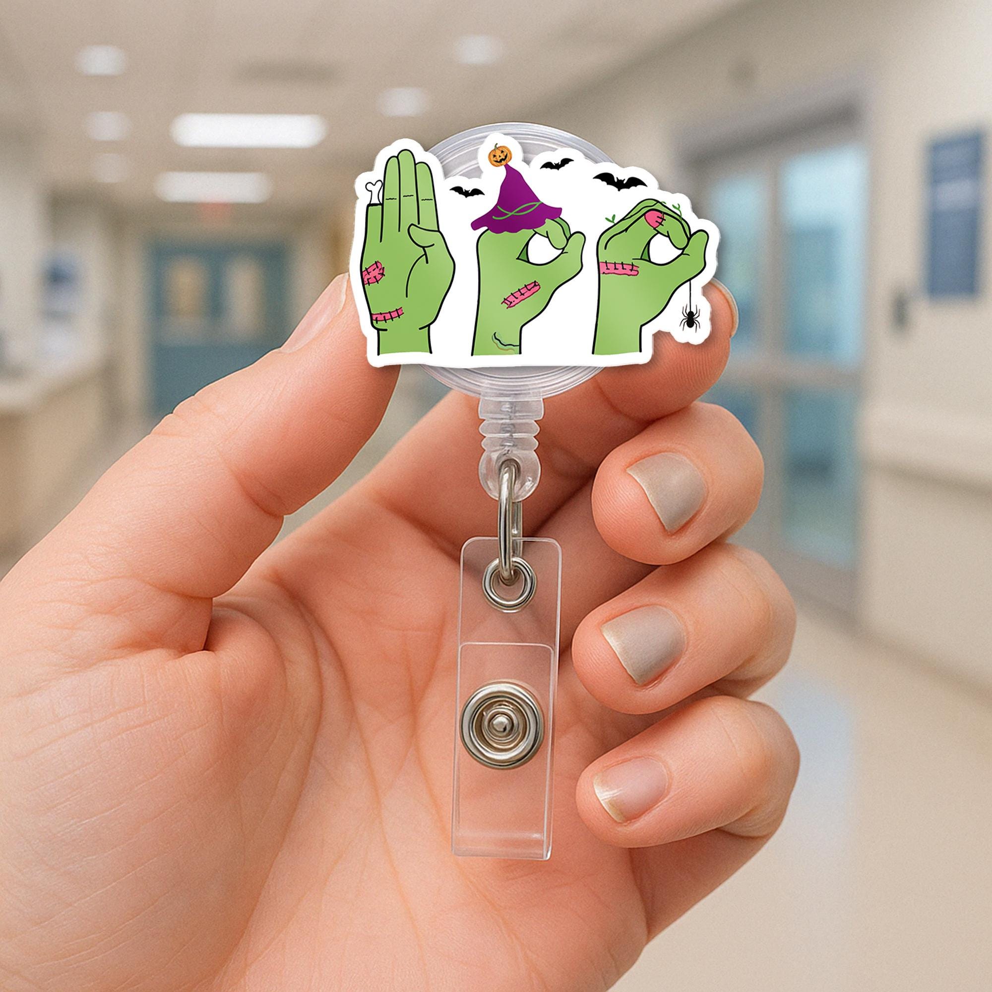 Halloween ASL Badge Reel - Zombie Hands Love Sign Retractable ID Holder, Cute Funny Spooky Nurse Badge for Fall Work Season