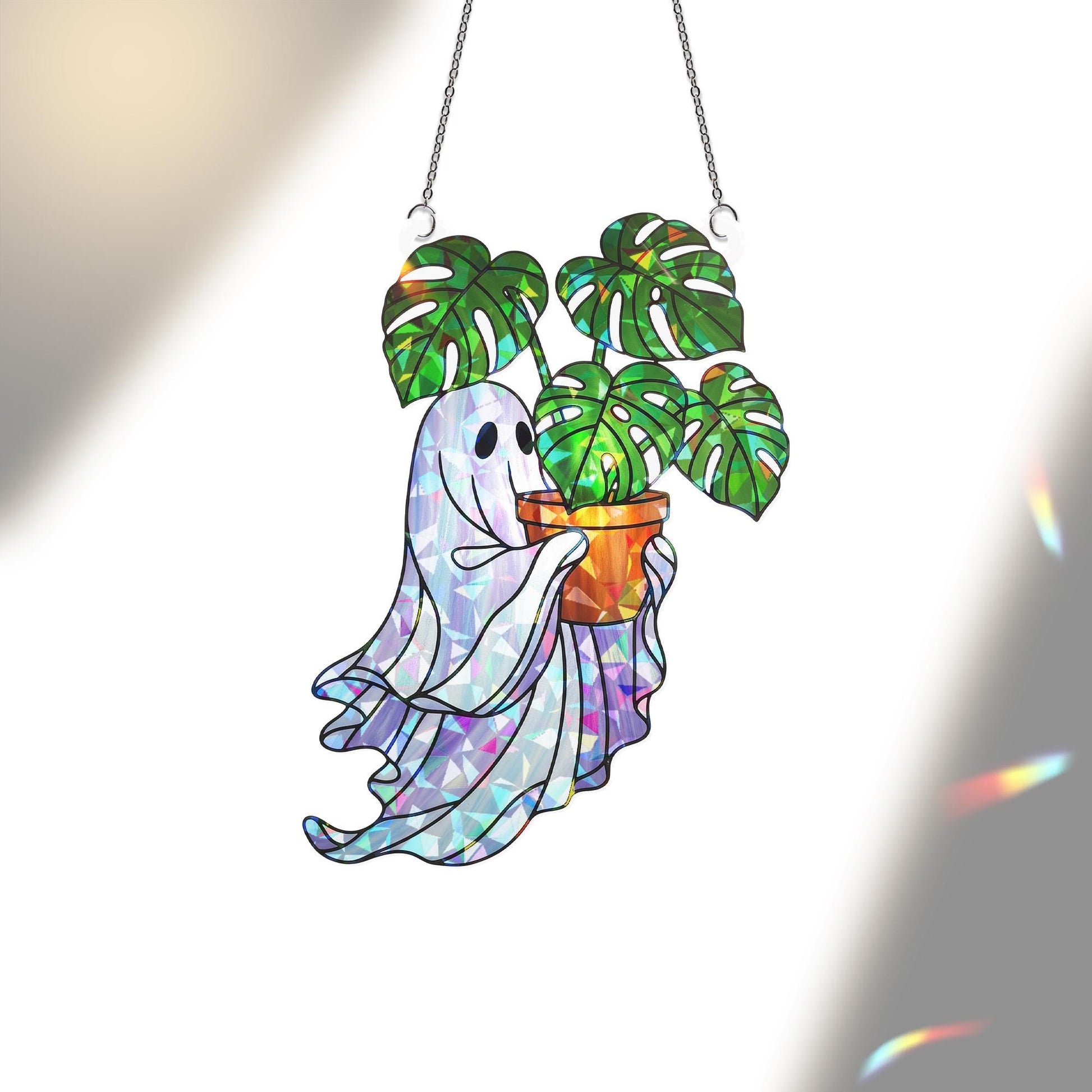 Ghost Plant Holographic Suncatcher, Cute Acrylic Monstera Window Decor, Boho Spooky Plant Lover Gift, Kawaii Ghost Sun Catcher