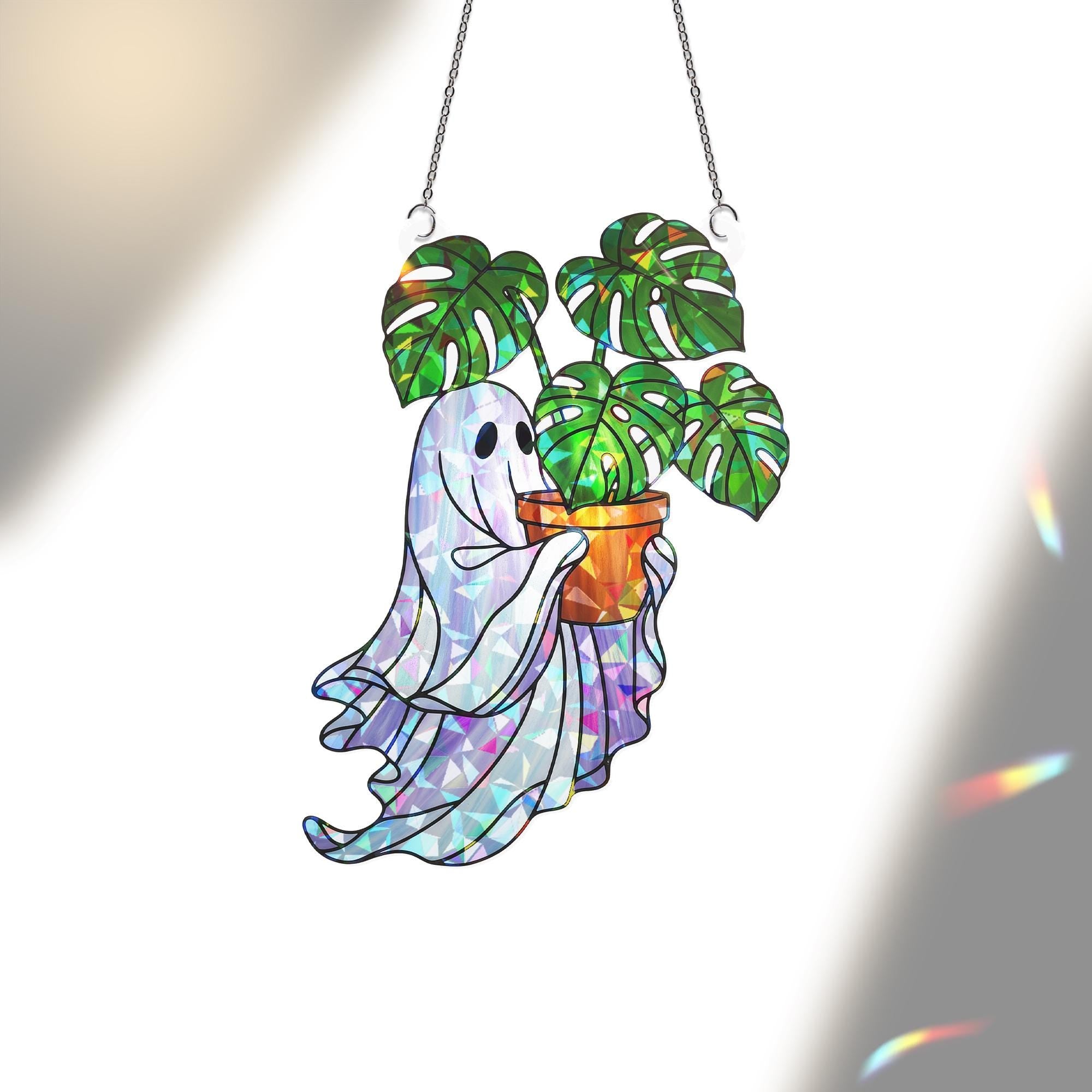 Ghost Plant Holographic Suncatcher, Cute Acrylic Monstera Window Decor, Boho Spooky Plant Lover Gift, Kawaii Ghost Sun Catcher