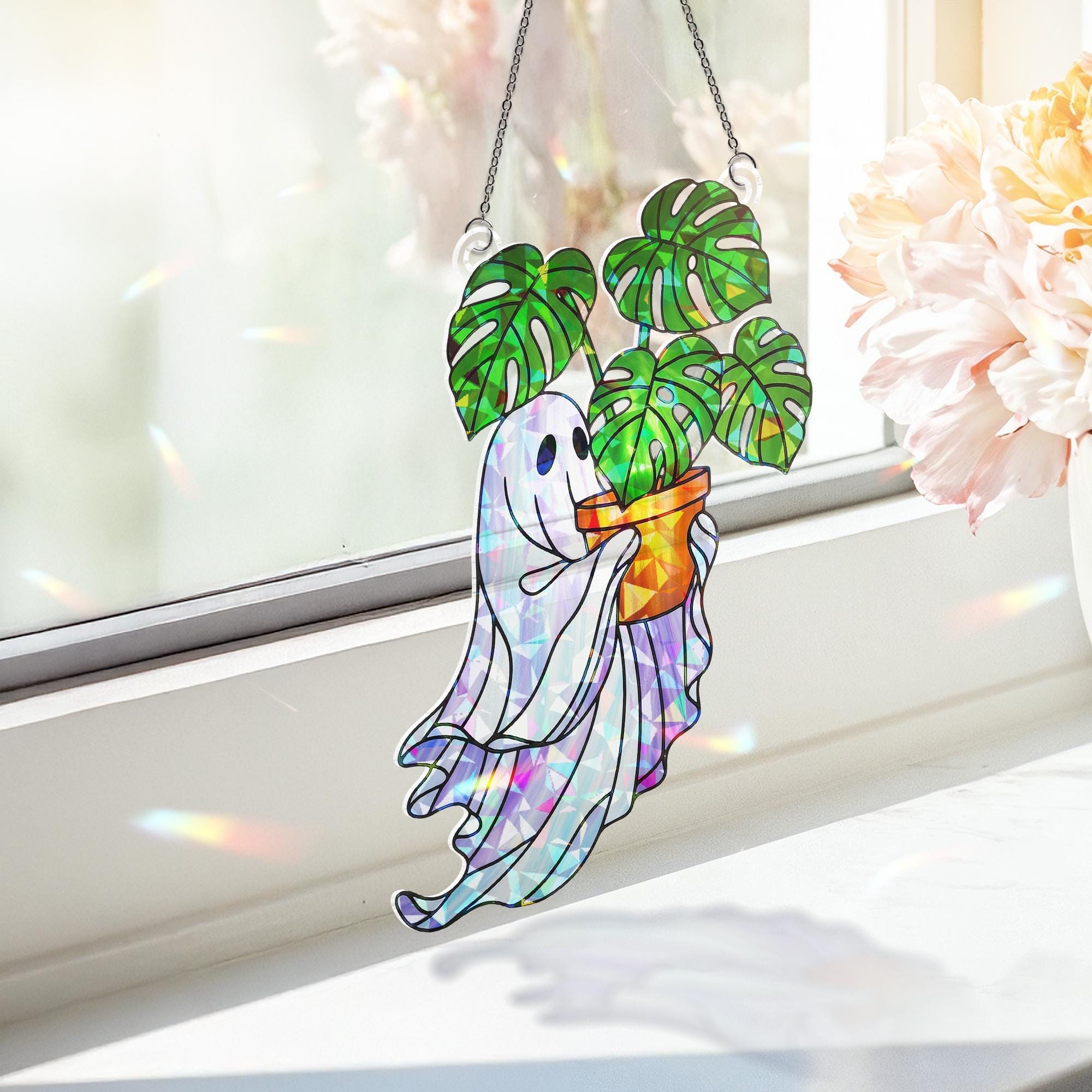 Ghost Plant Holographic Suncatcher, Cute Acrylic Monstera Window Decor, Boho Spooky Plant Lover Gift, Kawaii Ghost Sun Catcher