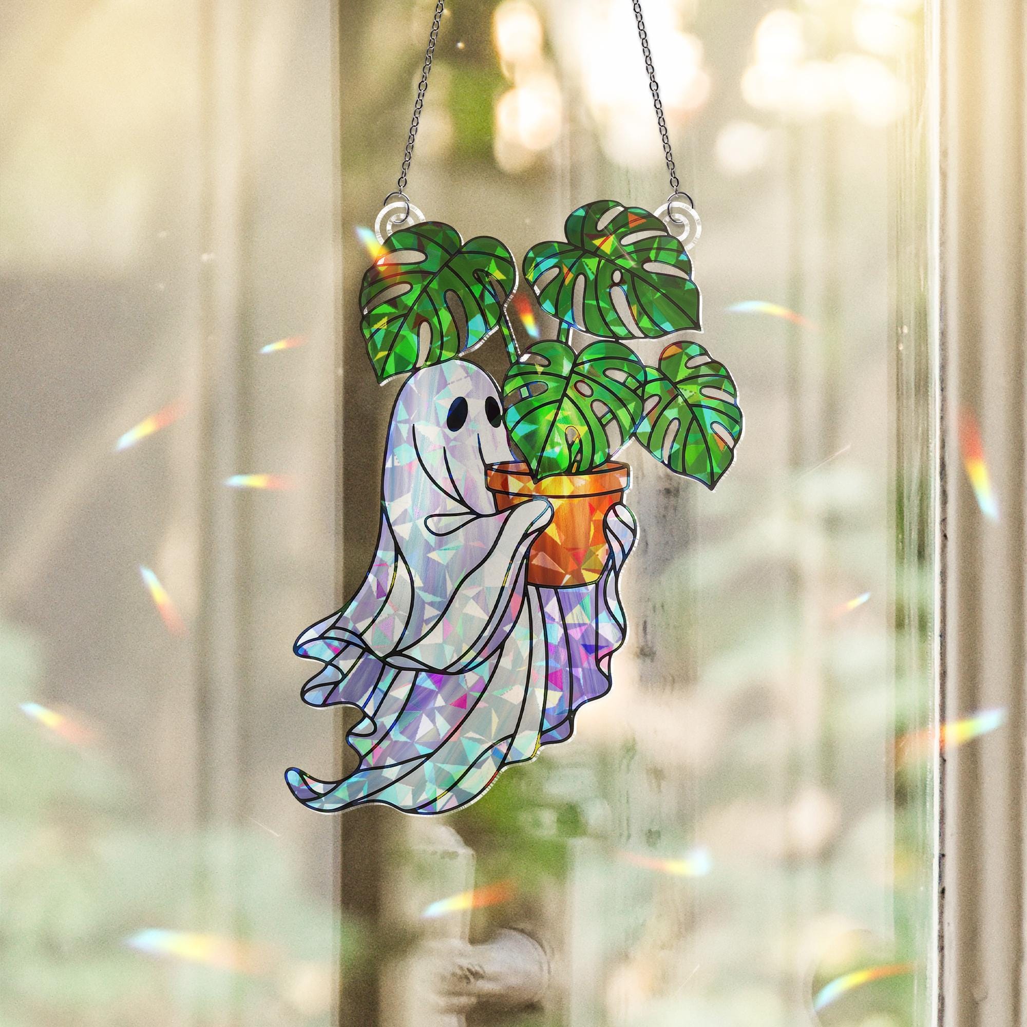 Ghost Plant Holographic Suncatcher, Cute Acrylic Monstera Window Decor, Boho Spooky Plant Lover Gift, Kawaii Ghost Sun Catcher