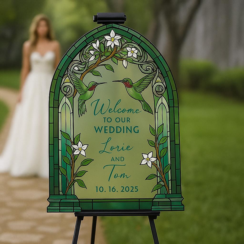 Custom Wedding Welcome Sign, Hummingbird Floral Arch Design, Personalized Outdoor Ceremony Decor for Bride & Groom