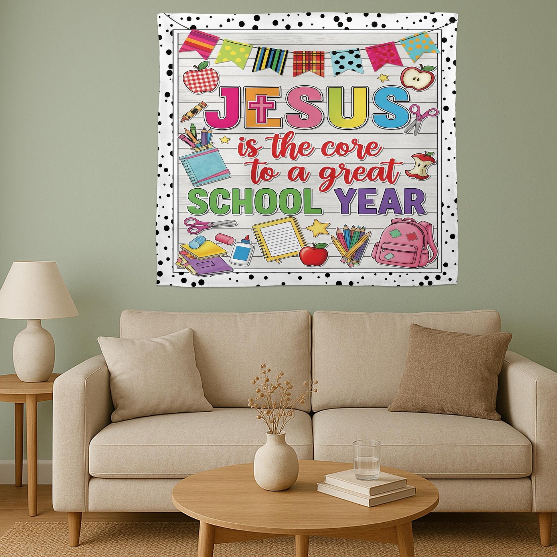 Jesus is the Core to a Great School Year Tapestry – Christian Classroom Wall Banner, Faith Teacher Decor, Back to School Sign, Faith Quote