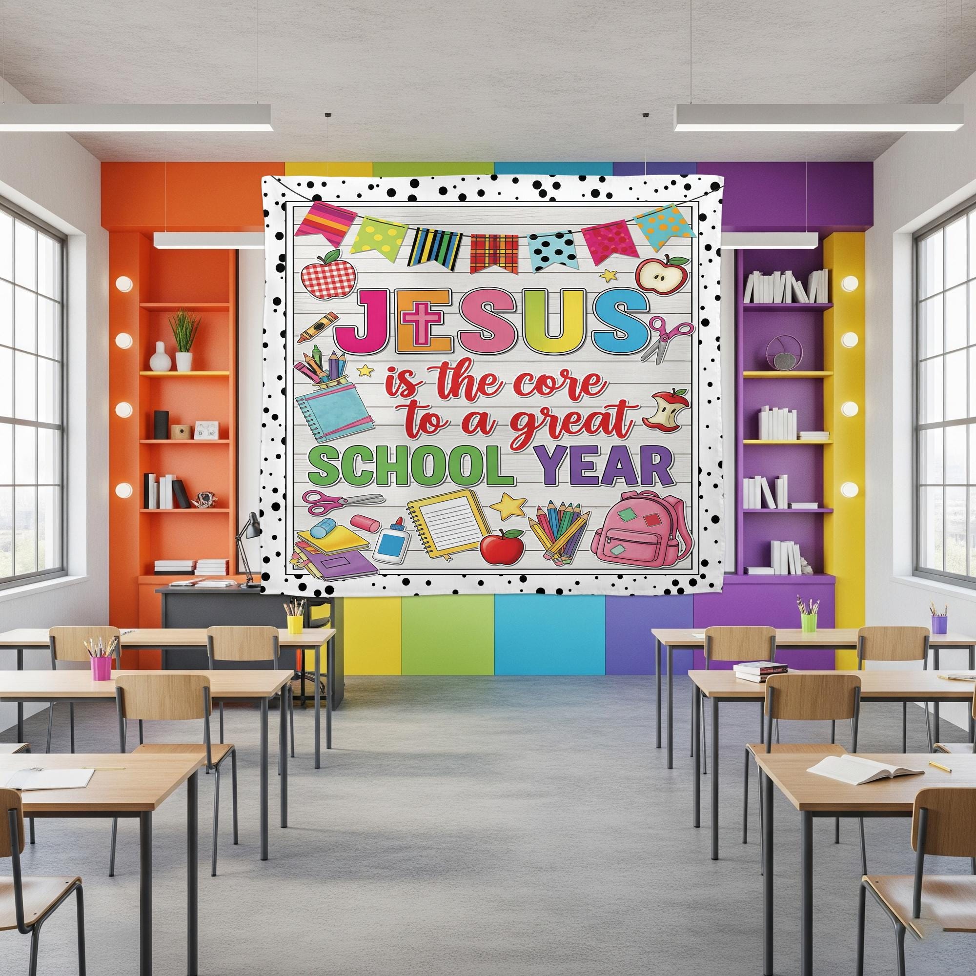 Jesus is the Core to a Great School Year Tapestry – Christian Classroom Wall Banner, Faith Teacher Decor, Back to School Sign, Faith Quote