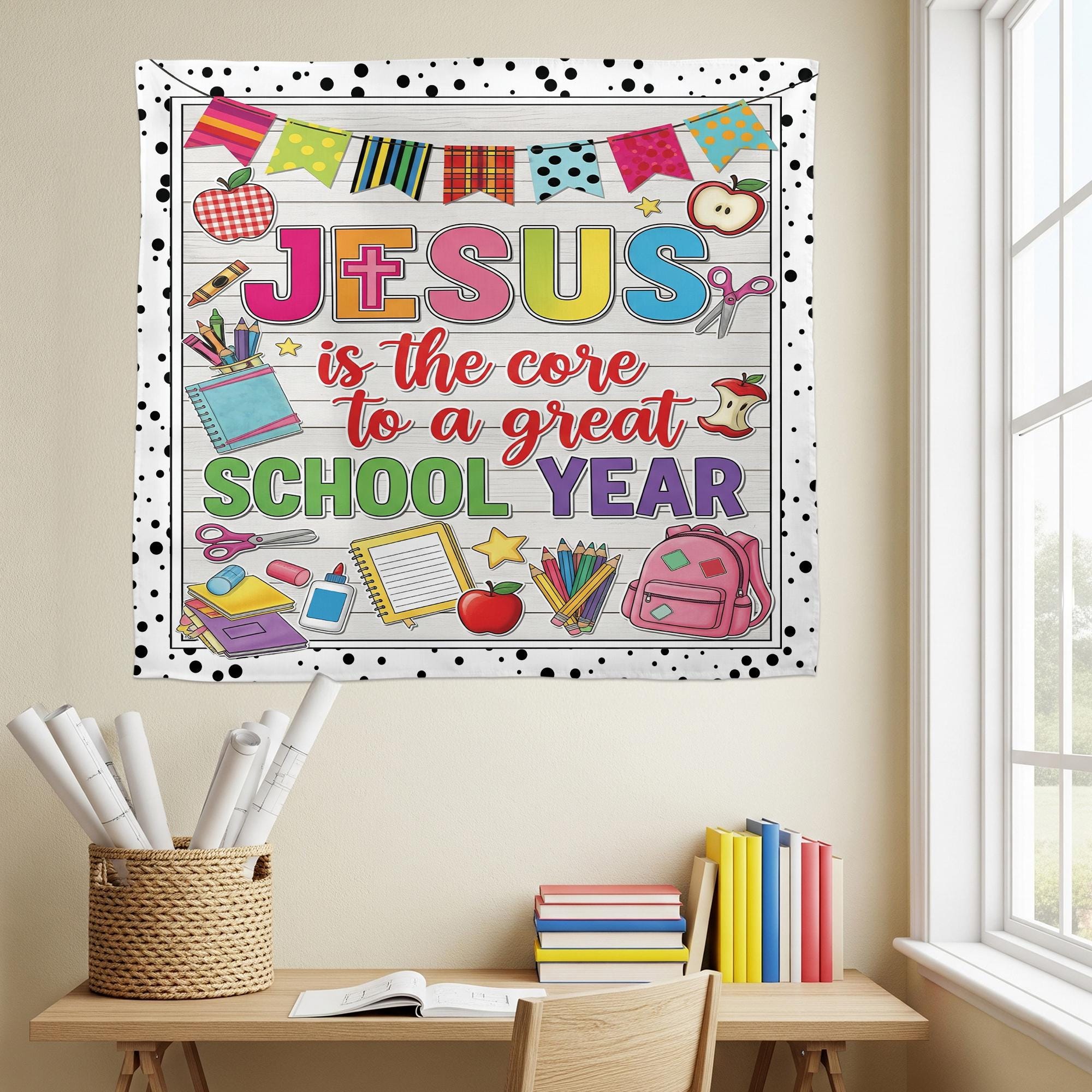 Jesus is the Core to a Great School Year Tapestry – Christian Classroom Wall Banner, Faith Teacher Decor, Back to School Sign, Faith Quote