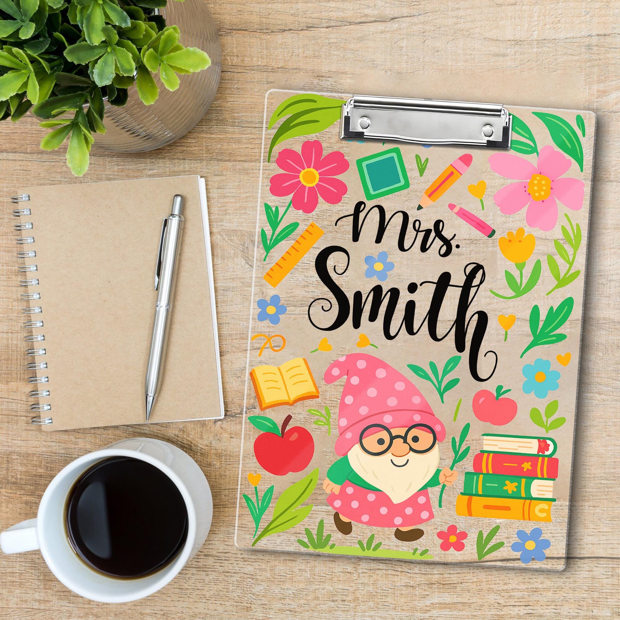Personalized Teacher Clipboard – Cute Gnome & Floral Design with Custom Name, Fun Back to School Gift for Educators and Classroom Use