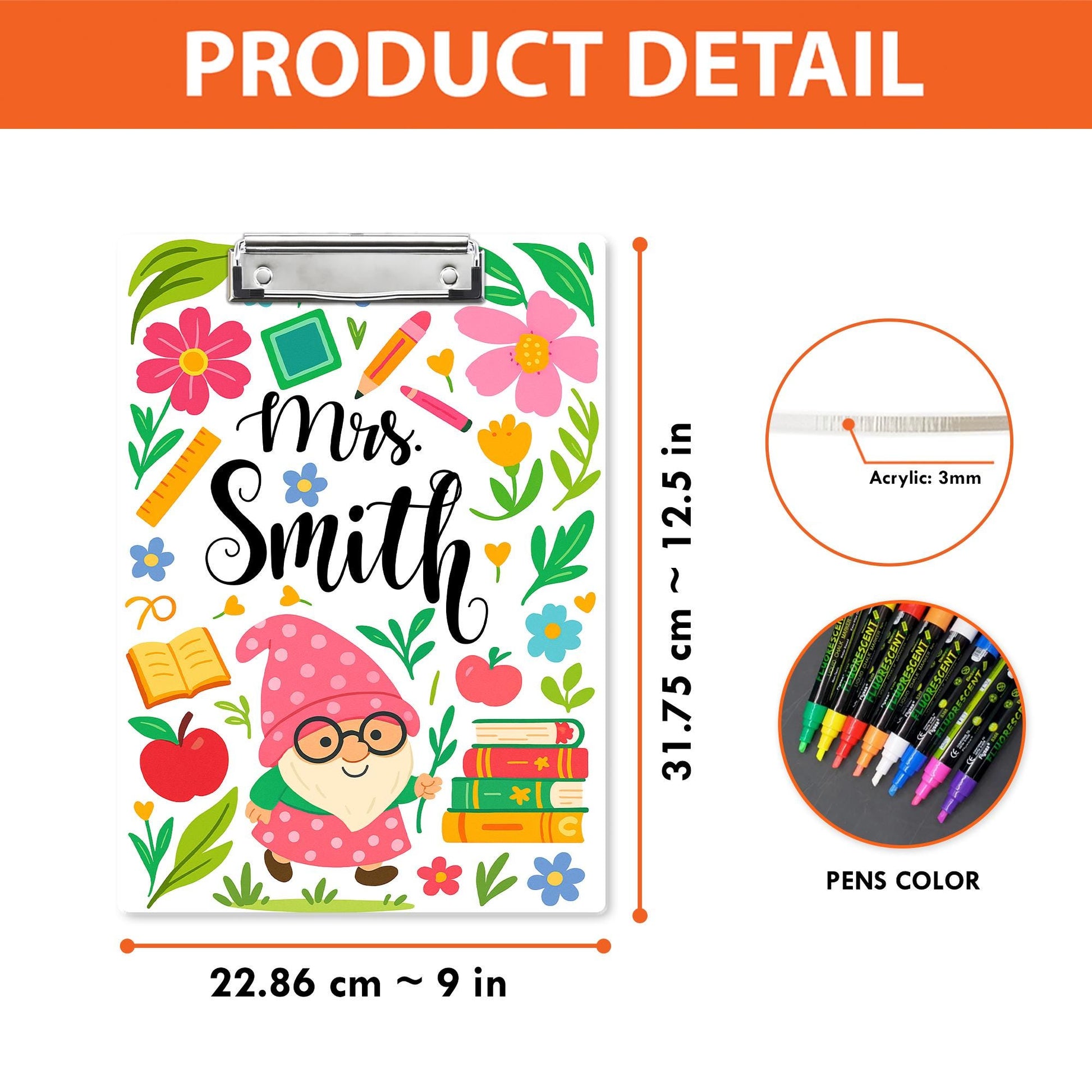 Personalized Teacher Clipboard – Cute Gnome & Floral Design with Custom Name, Fun Back to School Gift for Educators and Classroom Use