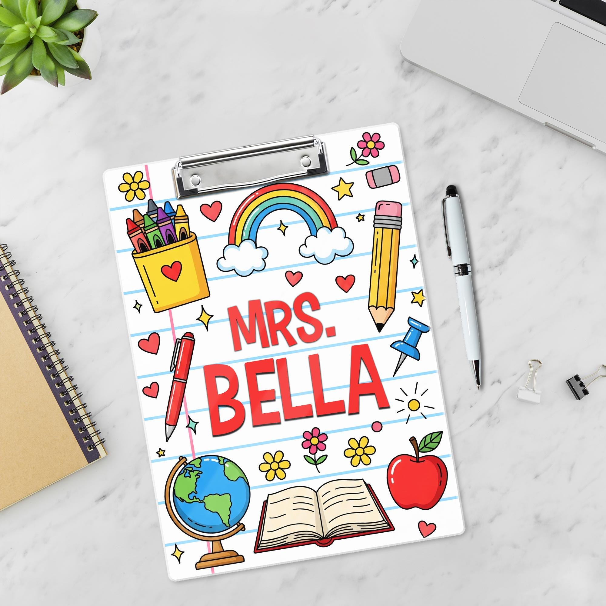 Personalized Teacher Clipboard – Colorful Doodle Design with Name, Rainbow, Apple & School Supplies, Fun Gift for Educators and Staff
