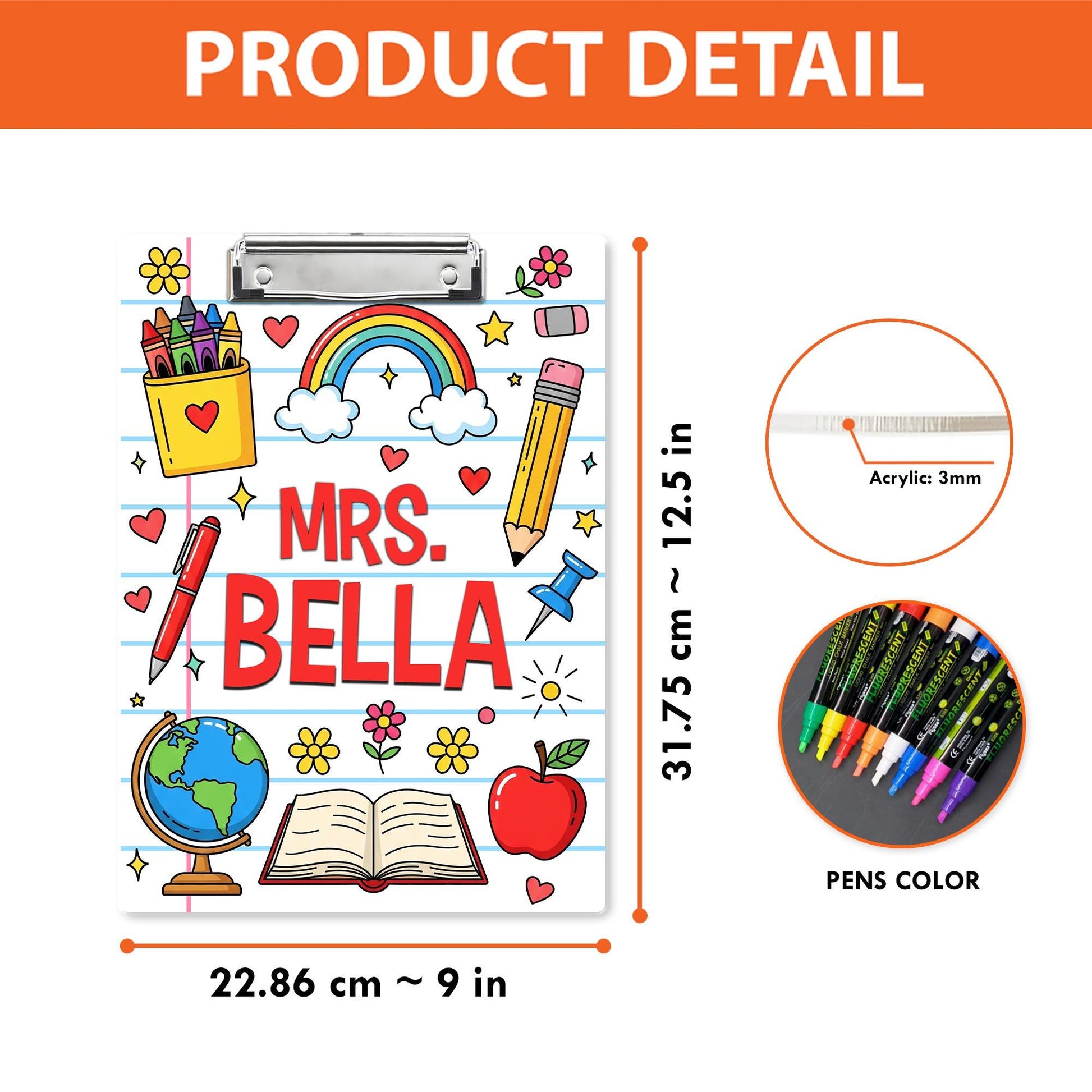 Personalized Teacher Clipboard – Colorful Doodle Design with Name, Rainbow, Apple & School Supplies, Fun Gift for Educators and Staff