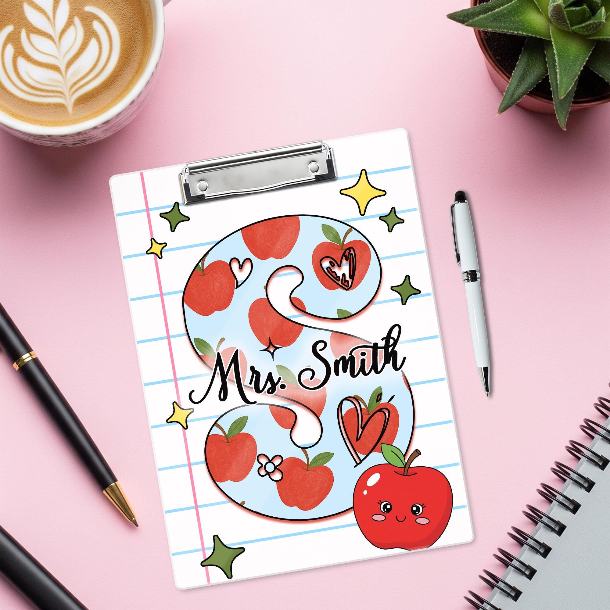 Personalized Teacher Clipboard – Monogram Letter S with Apples & Hearts, Custom Name Back to School Gift for Educators and Staff, Teacher