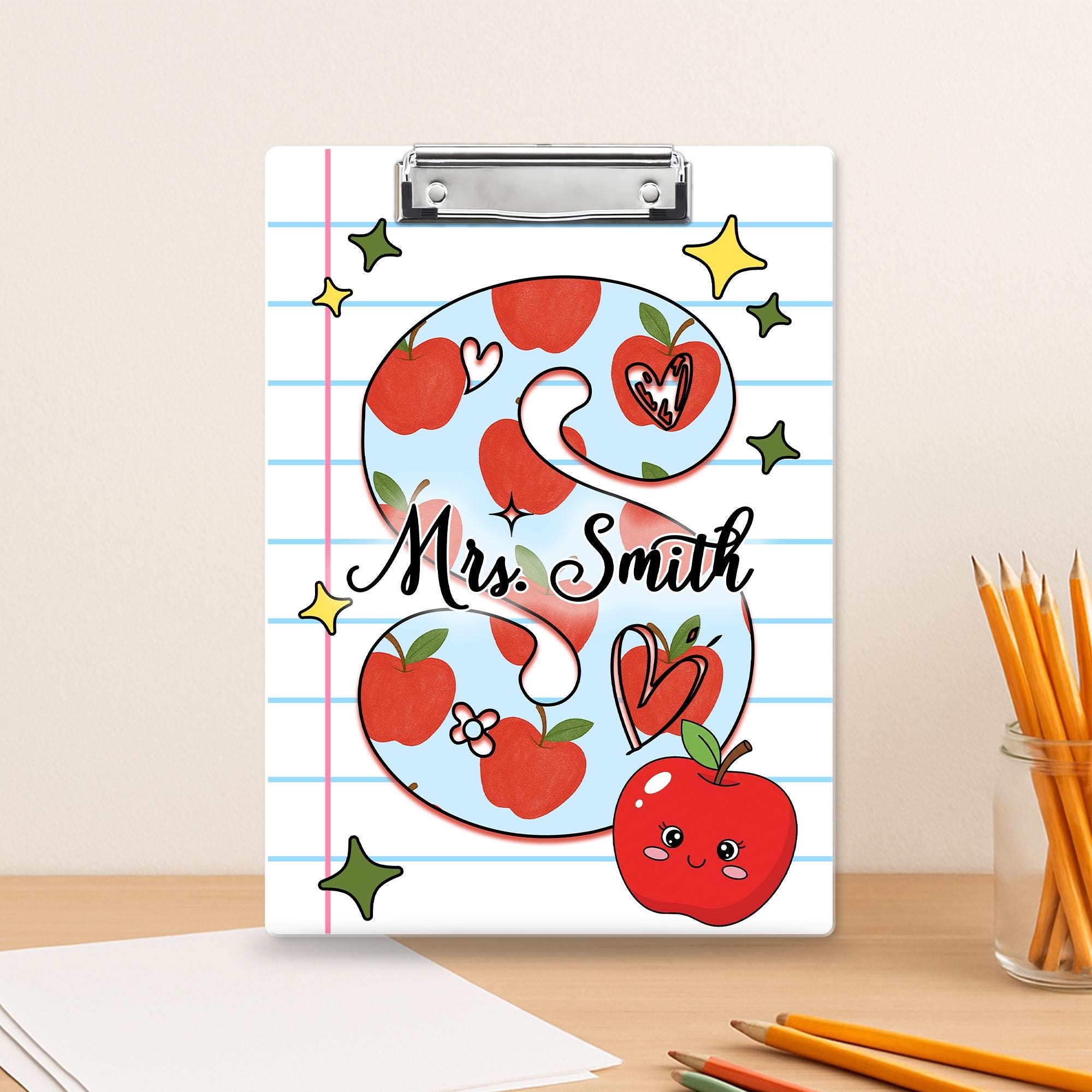 Personalized Teacher Clipboard – Monogram Letter S with Apples & Hearts, Custom Name Back to School Gift for Educators and Staff, Teacher