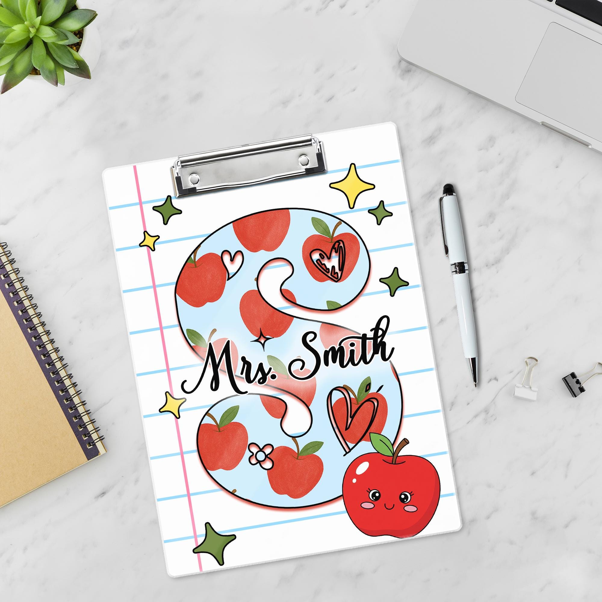 Personalized Teacher Clipboard – Monogram Letter S with Apples & Hearts, Custom Name Back to School Gift for Educators and Staff, Teacher