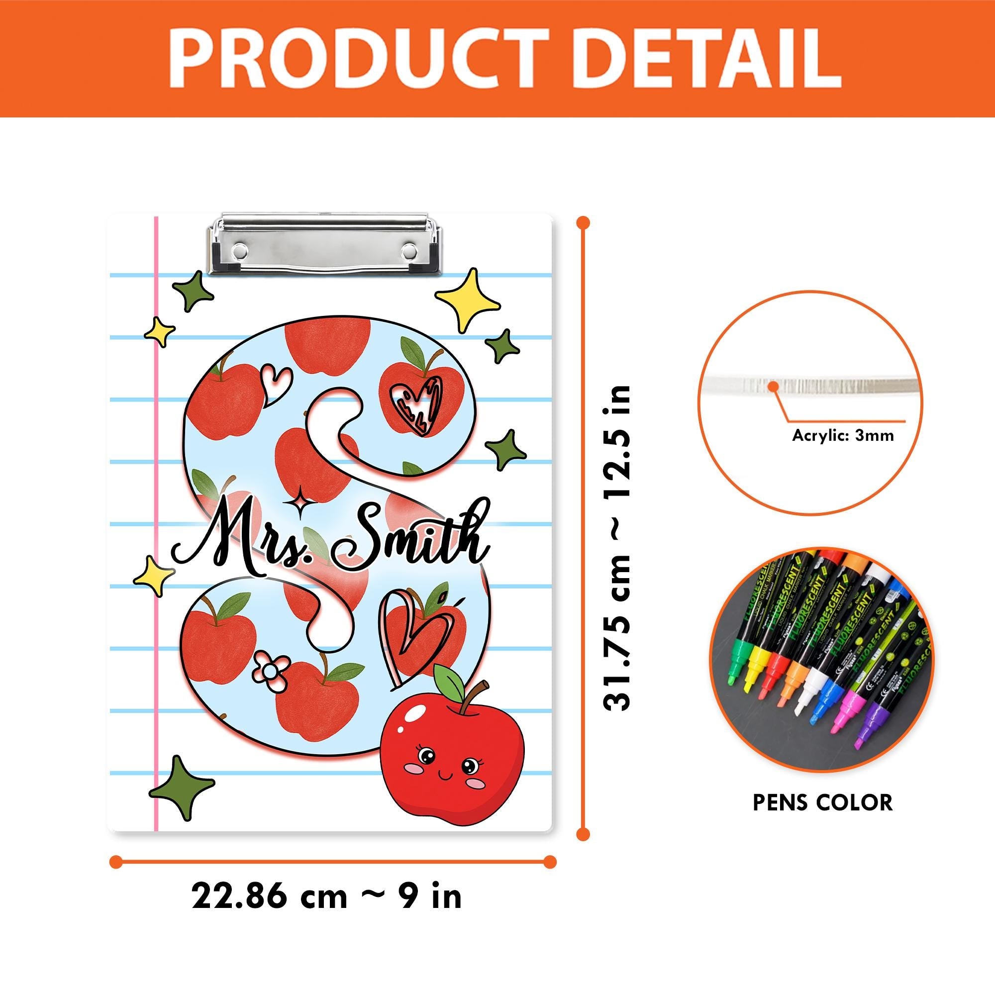 Personalized Teacher Clipboard – Monogram Letter S with Apples & Hearts, Custom Name Back to School Gift for Educators and Staff, Teacher