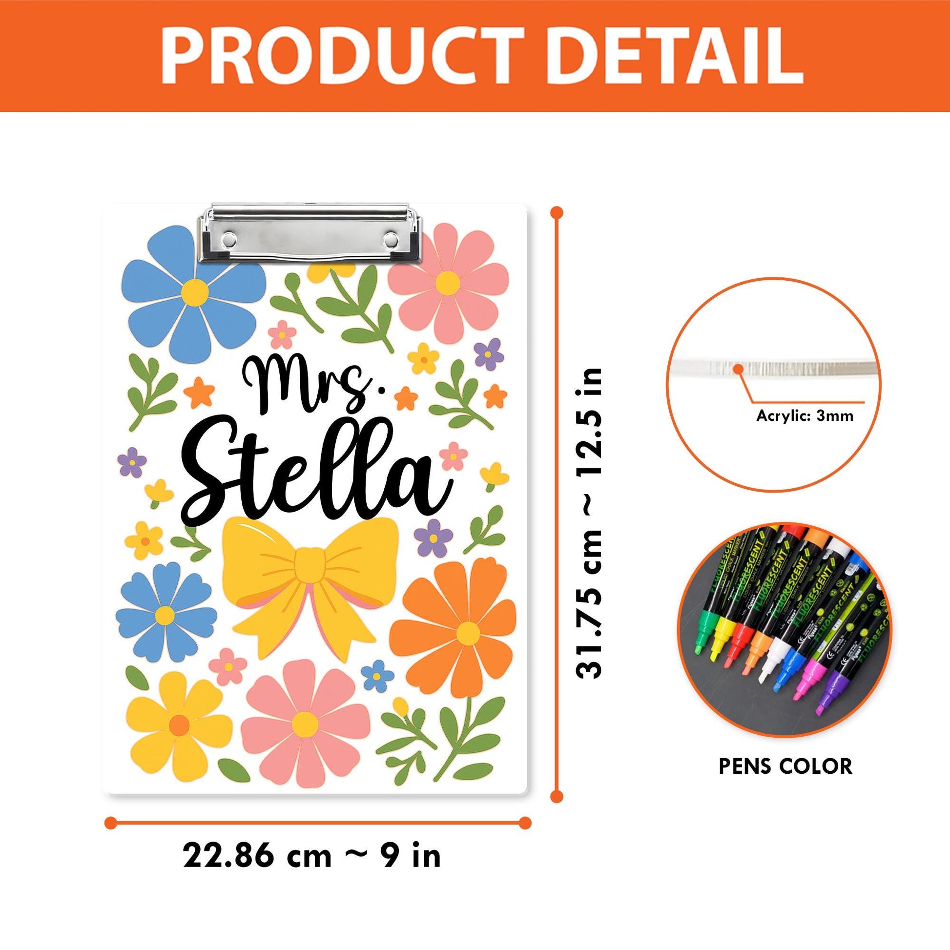 Personalized Teacher Clipboard – Floral Design with Yellow Bow and Custom Name, Cute Rustic Gift for Educators, Staff, or Classroom Use