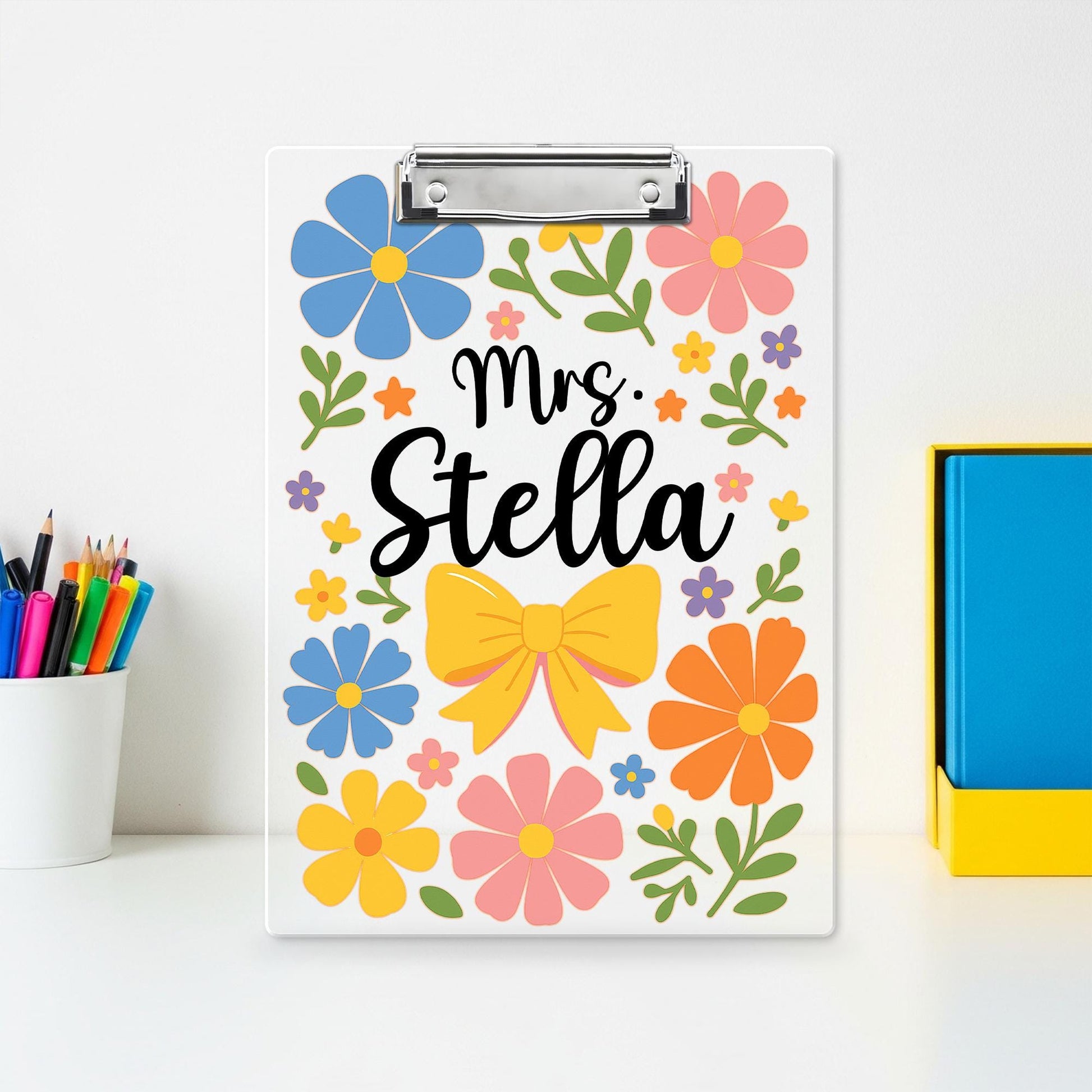 Personalized Teacher Clipboard – Floral Design with Yellow Bow and Custom Name, Cute Rustic Gift for Educators, Staff, or Classroom Use