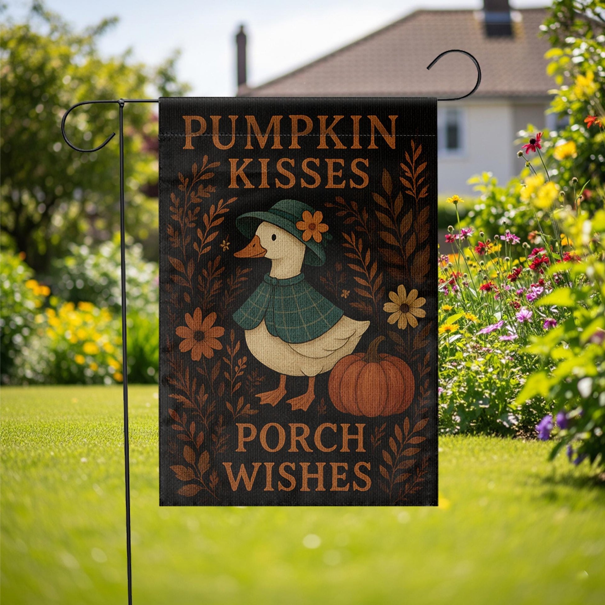 Pumpkin Kisses Porch Wishes Garden Flag, Cute Fall silly goose Yard Decor, Autumn Outdoor Sign for Porch, Rustic Halloween Accent