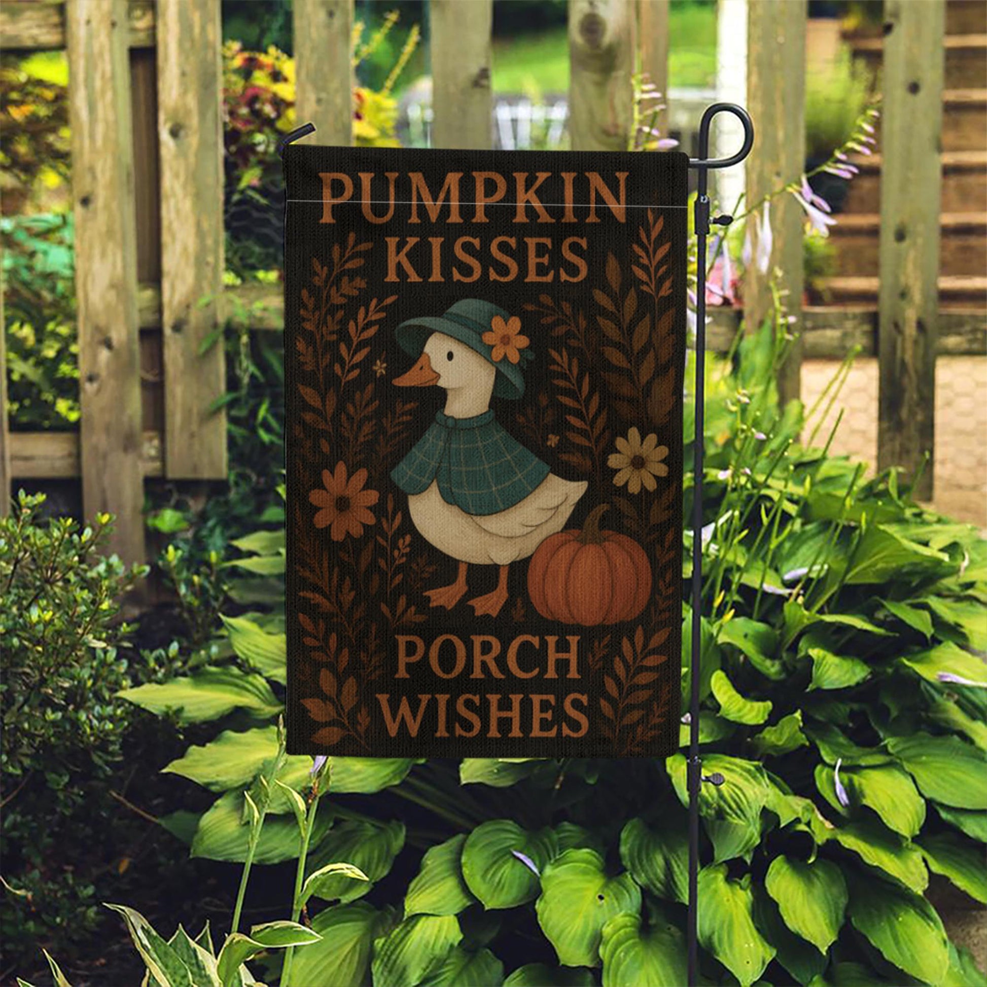 Pumpkin Kisses Porch Wishes Garden Flag, Cute Fall silly goose Yard Decor, Autumn Outdoor Sign for Porch, Rustic Halloween Accent