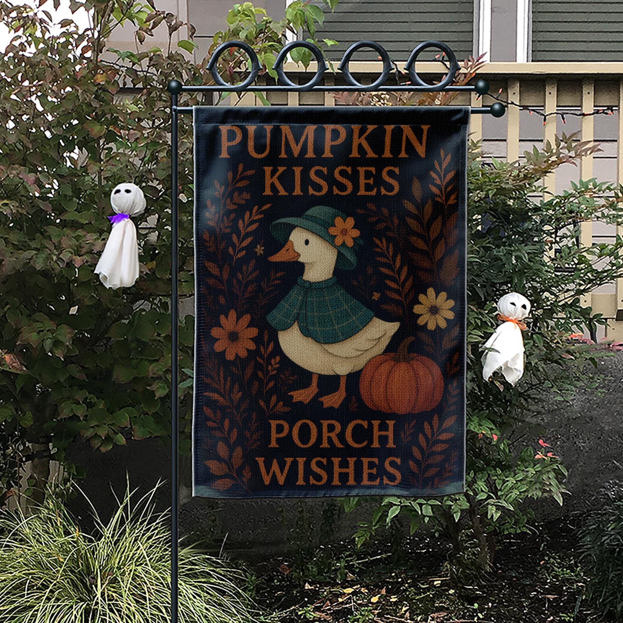 Pumpkin Kisses Porch Wishes Garden Flag, Cute Fall silly goose Yard Decor, Autumn Outdoor Sign for Porch, Rustic Halloween Accent