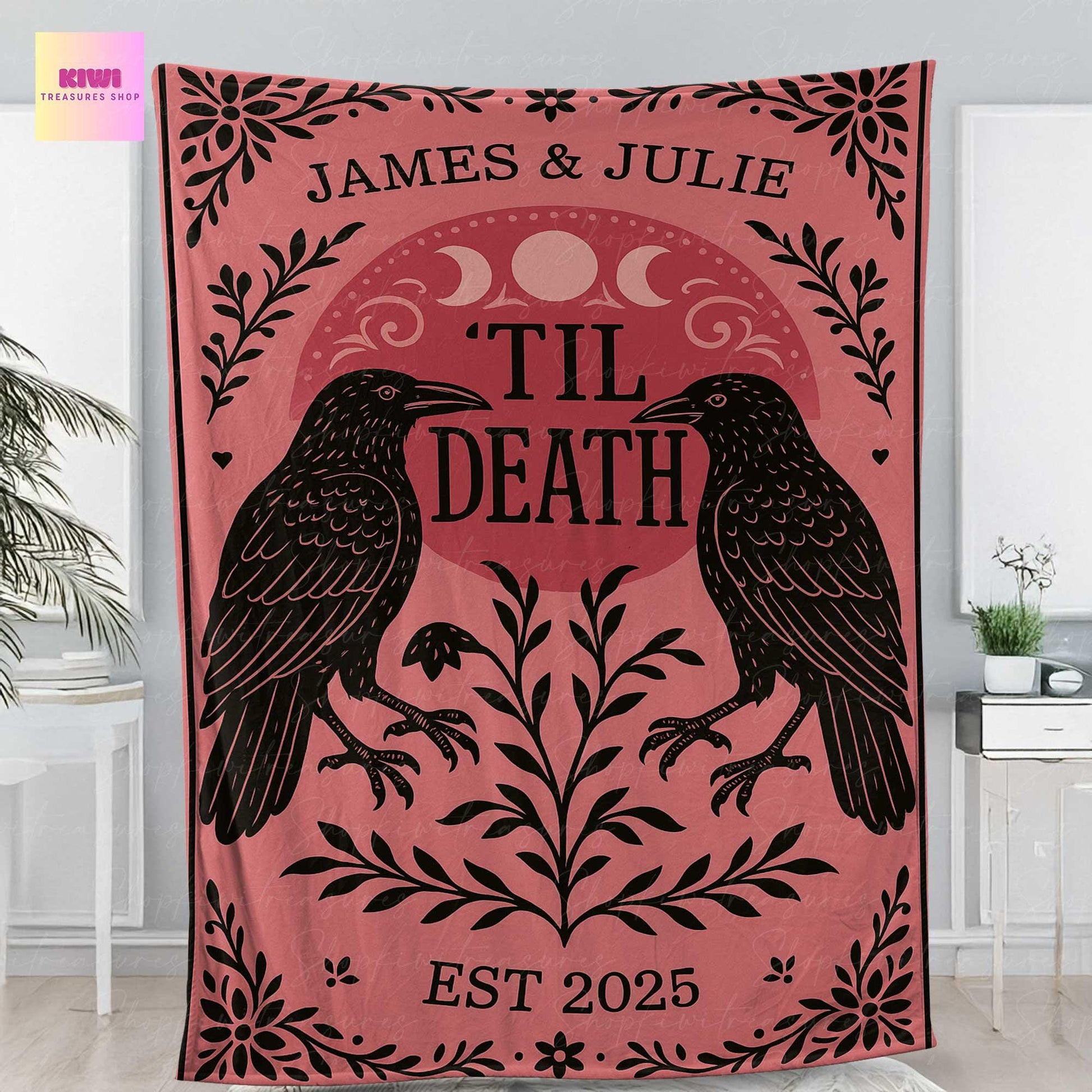 Til Death Custom Couple Blanket, Gothic Raven Moon Phase Throw, Dark Romance Wedding Gift, Personalized Est. Year Decor
