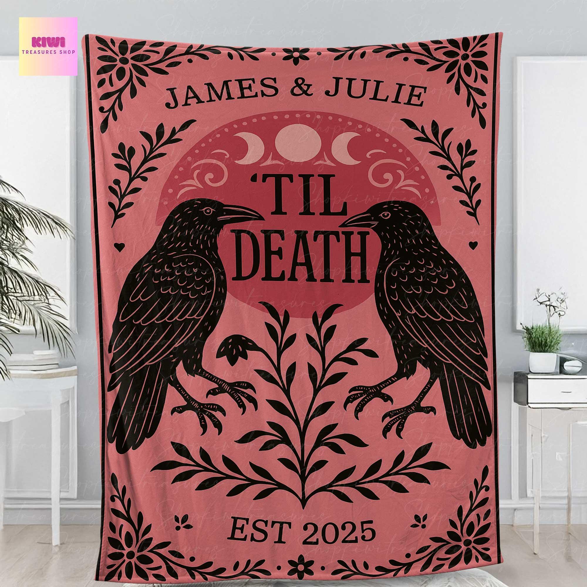 Til Death Custom Couple Blanket, Gothic Raven Moon Phase Throw, Dark Romance Wedding Gift, Personalized Est. Year Decor