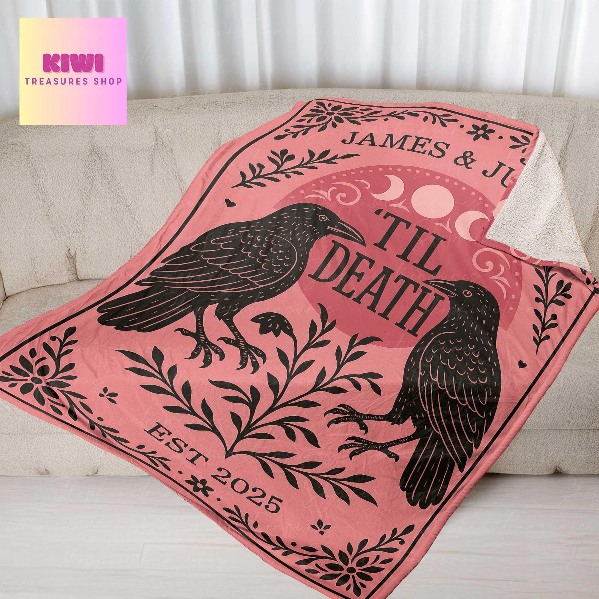 Til Death Custom Couple Blanket, Gothic Raven Moon Phase Throw, Dark Romance Wedding Gift, Personalized Est. Year Decor