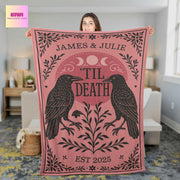 Til Death Custom Couple Blanket, Gothic Raven Moon Phase Throw, Dark Romance Wedding Gift, Personalized Est. Year Decor