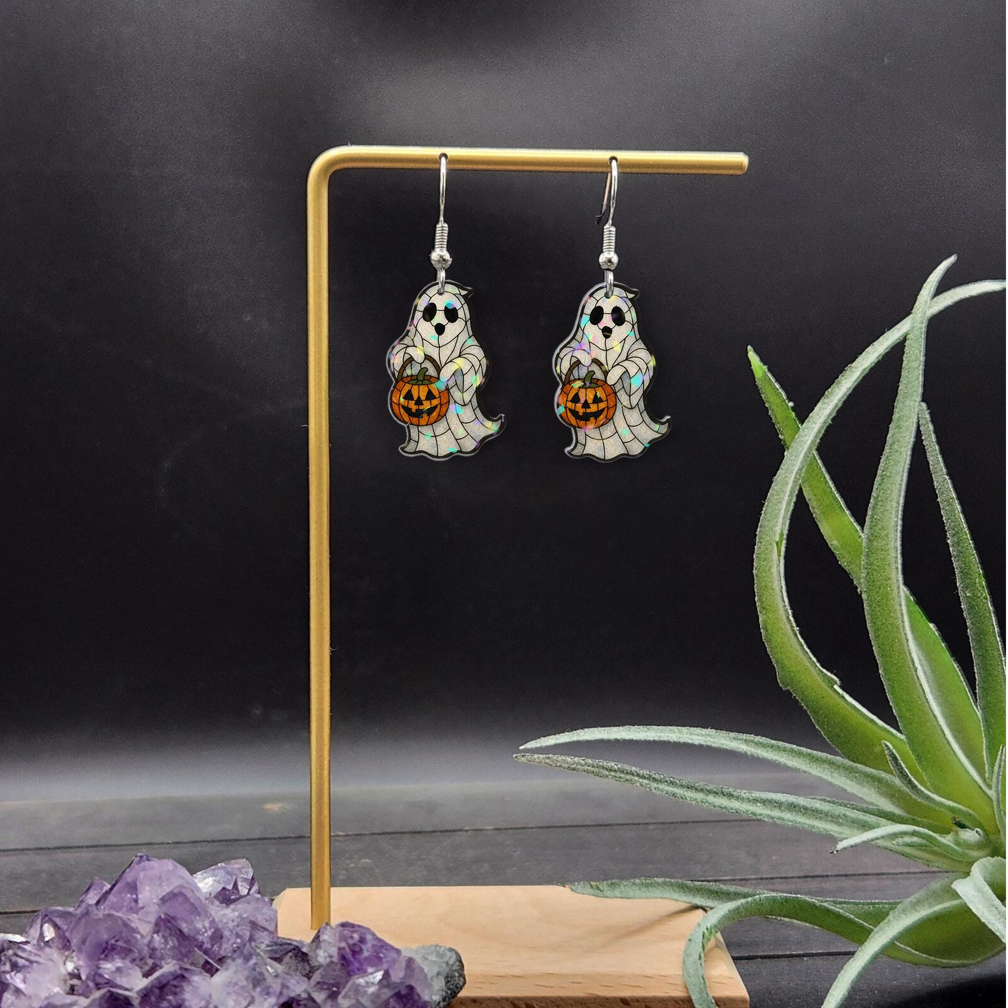 Cute Ghost Halloween Earrings, Trick or Treat Pumpkin Dangle Jewelry, Spooky Fall Accessory, Fun Acrylic Earrings for Her