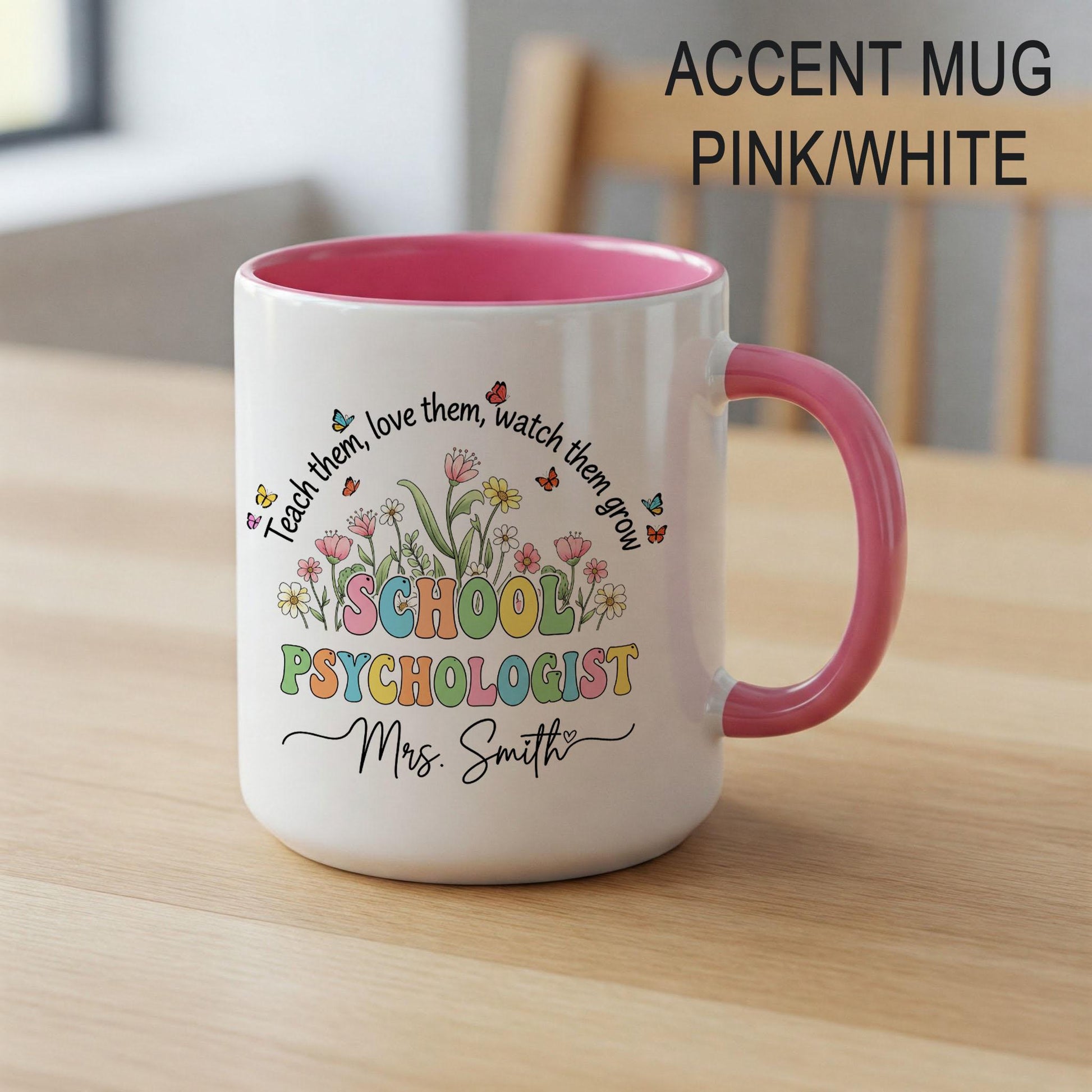 Personalized School Psychologist Mug, Teacher Mug Gift, Accent Coffee Cup, Mental Health Staff Mug, Floral School Mug, Custom Name Cup
