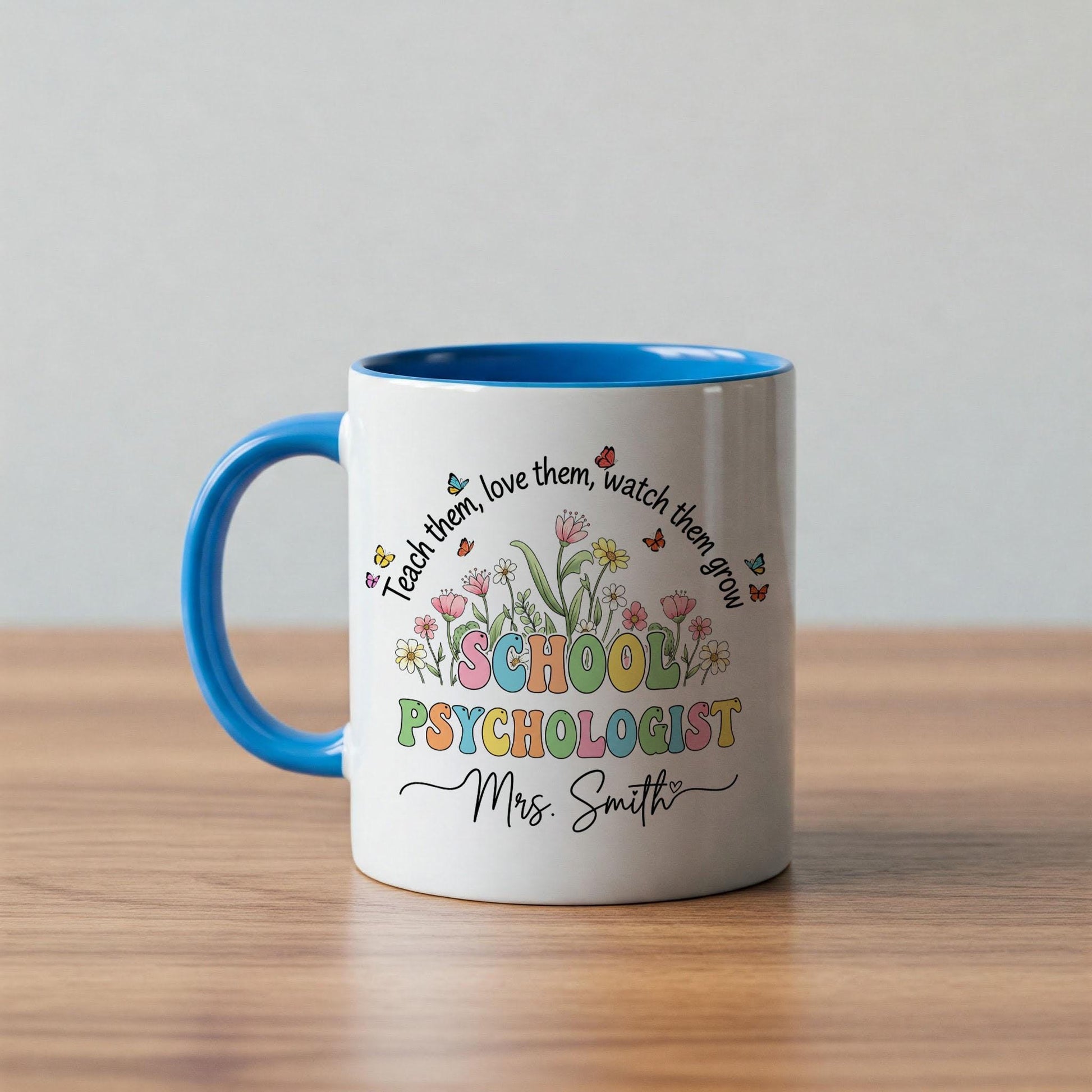 Personalized School Psychologist Mug, Teacher Mug Gift, Accent Coffee Cup, Mental Health Staff Mug, Floral School Mug, Custom Name Cup