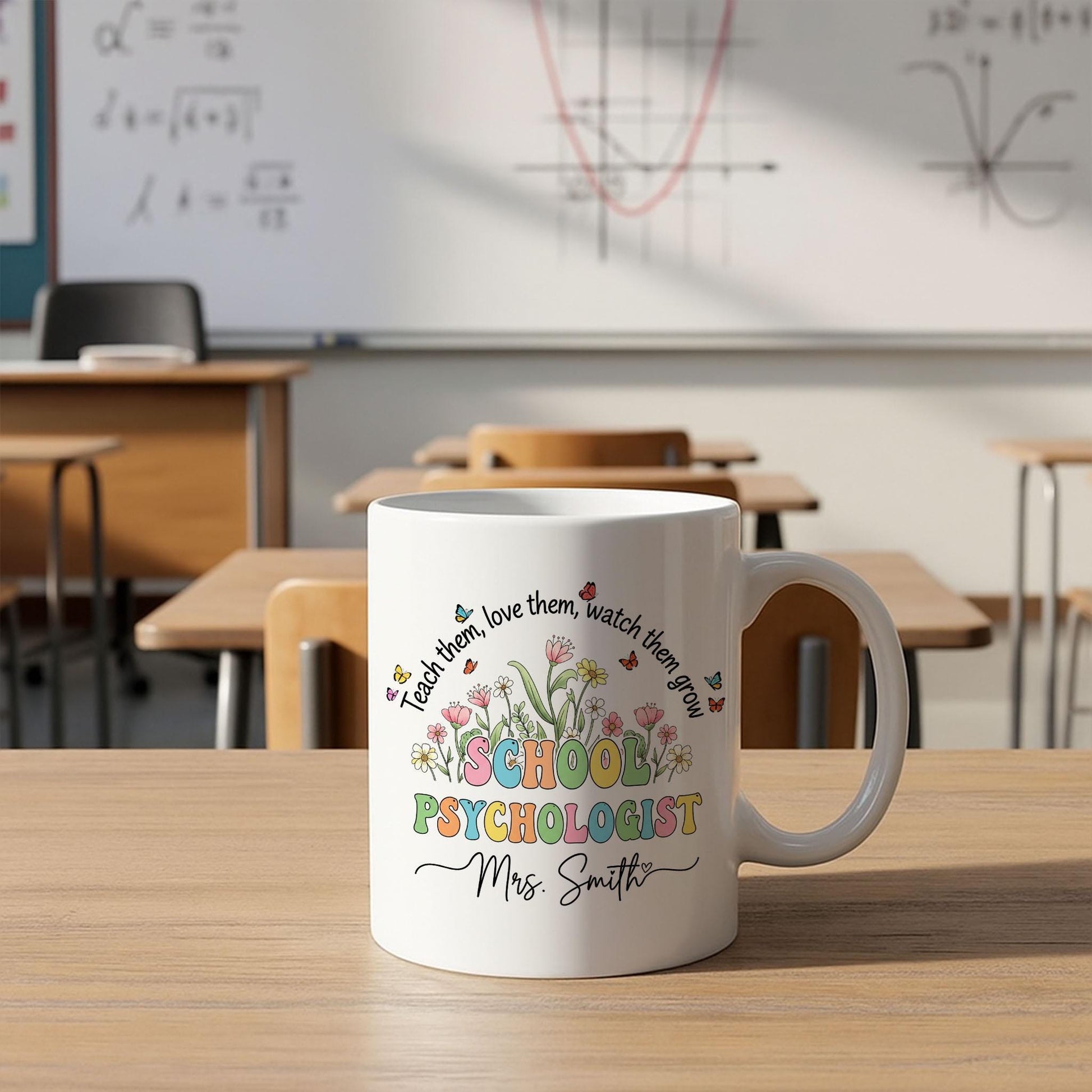 Personalized School Psychologist Mug, Teacher Mug Gift, Accent Coffee Cup, Mental Health Staff Mug, Floral School Mug, Custom Name Cup