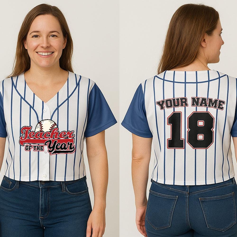 Custom Teacher of the Year Crop Top Baseball Jersey, Personalized Name Number Shirt for Teacher, End of Year Gift, Back to School Top
