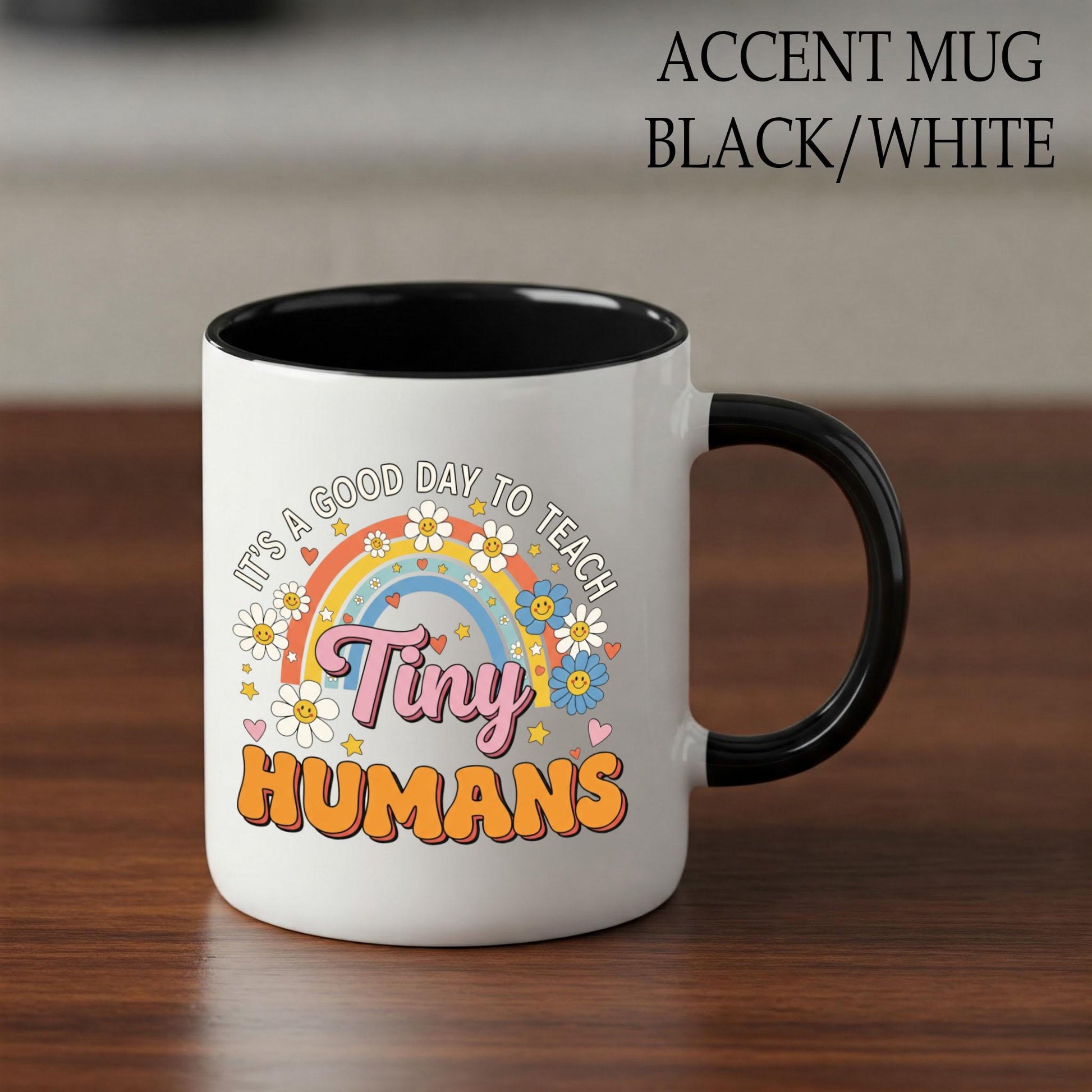 Cute Tiny Humans Mug, Teacher Mug for Preschool, Rainbow Floral Coffee Cup, Kindergarten Teacher Gift, Fun Teaching Mug, Daycare Cup