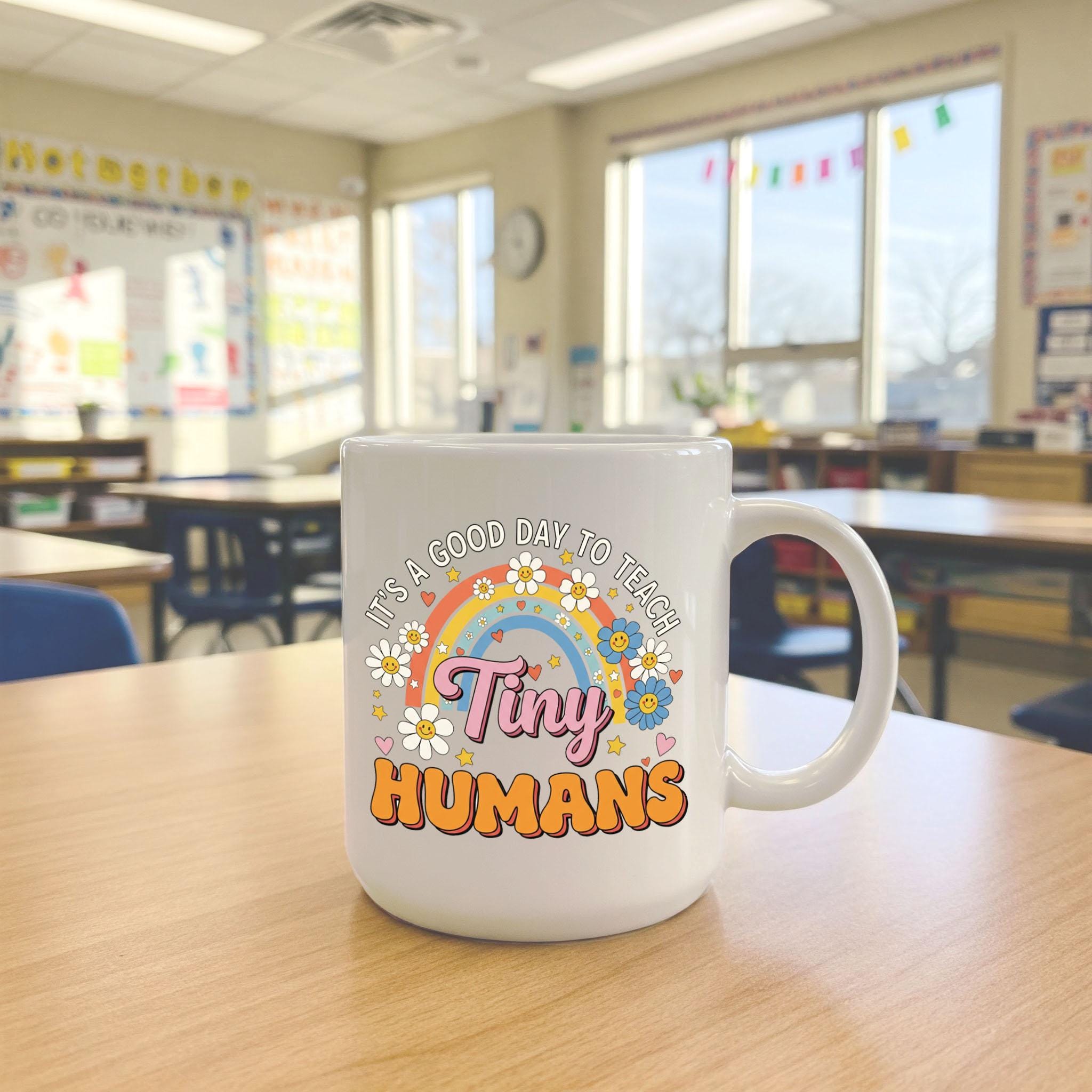 Cute Tiny Humans Mug, Teacher Mug for Preschool, Rainbow Floral Coffee Cup, Kindergarten Teacher Gift, Fun Teaching Mug, Daycare Cup