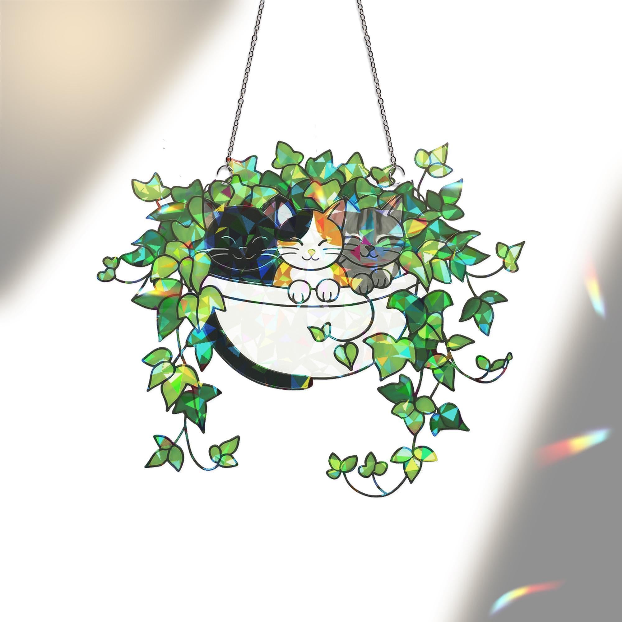 Three Cats Sleeping on Ivy Hologram Ornament, Cats ACRYLIC Window Hanging, Plant Lover Gift, Ivy Plants Decor, Cat Decor, Gift For Mom