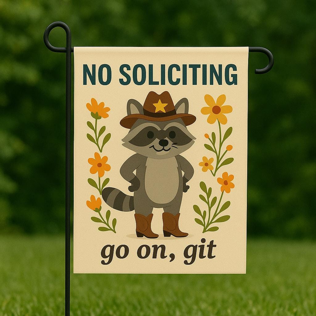 Funny No Soliciting Garden Flag – Cowboy Raccoon Yard Sign – Go On Git Outdoor Decor – Rustic Country Welcome Flag – Anti Solicitor Sign