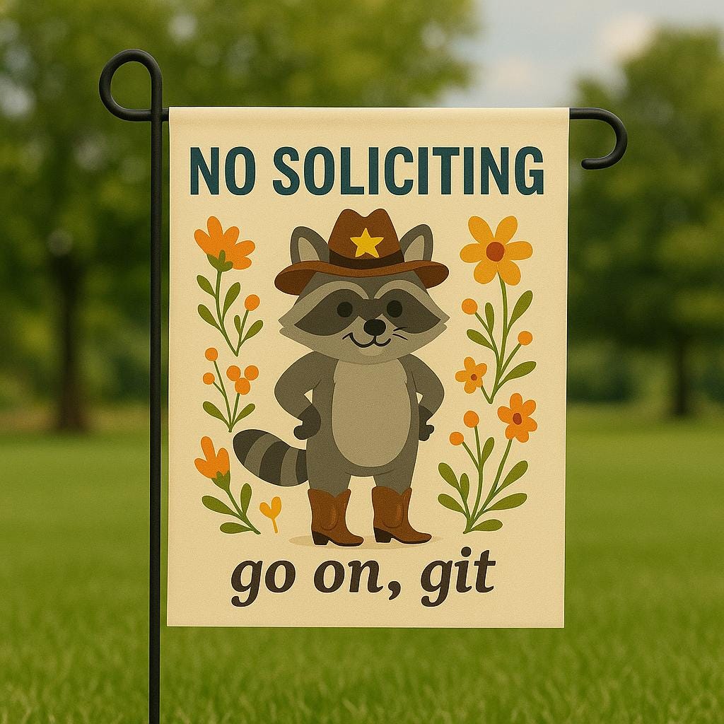 Funny No Soliciting Garden Flag – Cowboy Raccoon Yard Sign – Go On Git Outdoor Decor – Rustic Country Welcome Flag – Anti Solicitor Sign