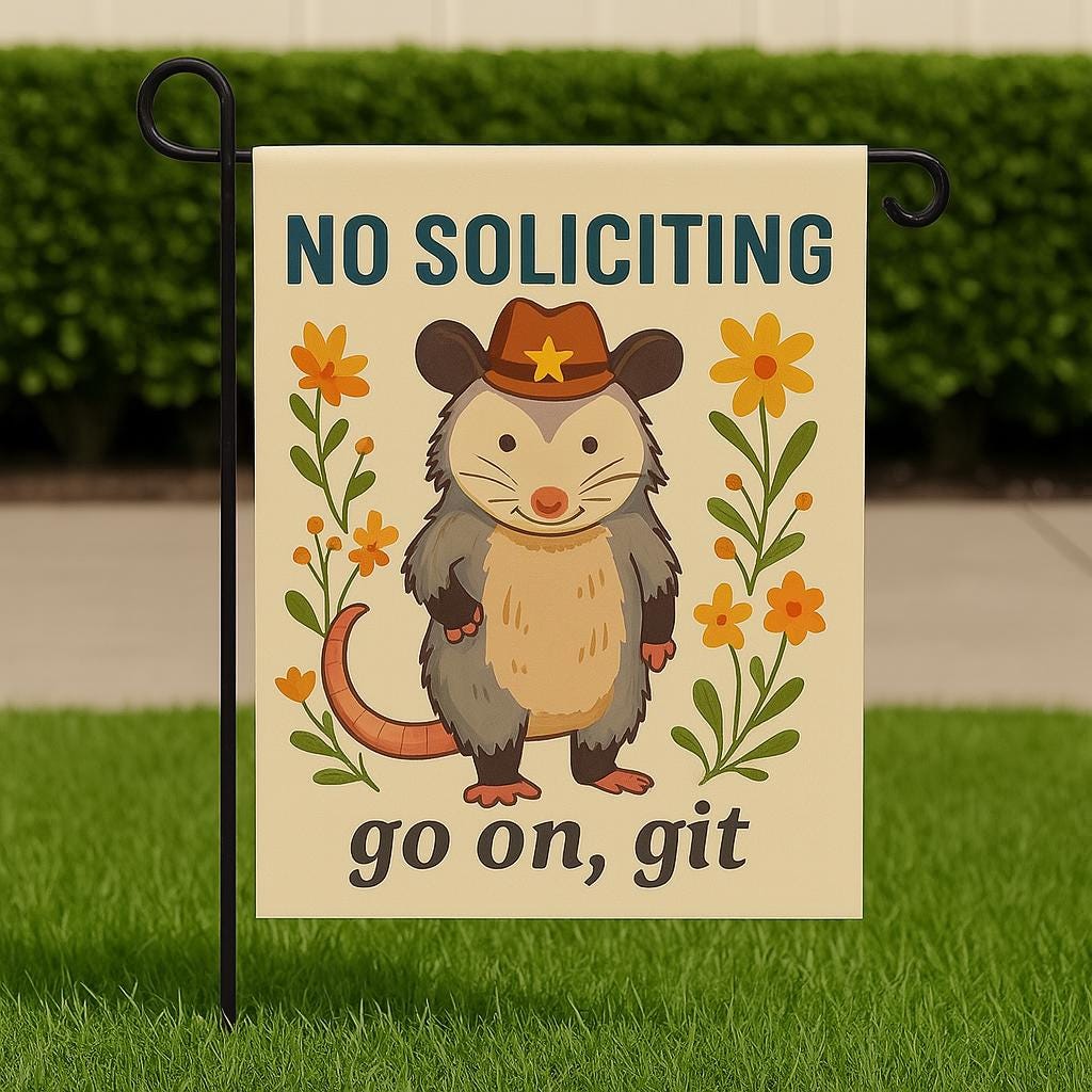 Funny No Soliciting Garden Flag – Cowboy Opossum Yard Sign – Go On Git Rustic Outdoor Decor – Cute Country Lawn Welcome Flag