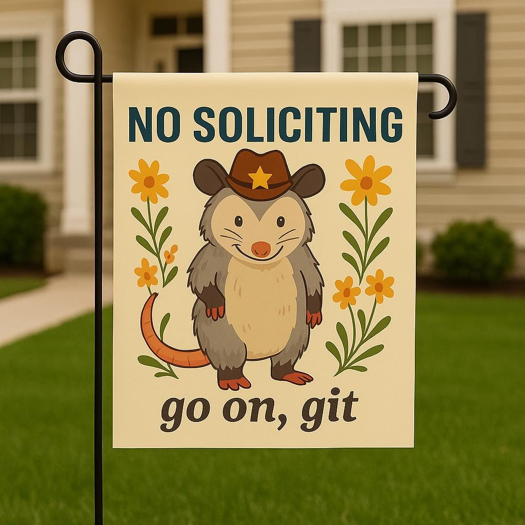 Funny No Soliciting Garden Flag – Cowboy Opossum Yard Sign – Go On Git Rustic Outdoor Decor – Cute Country Lawn Welcome Flag