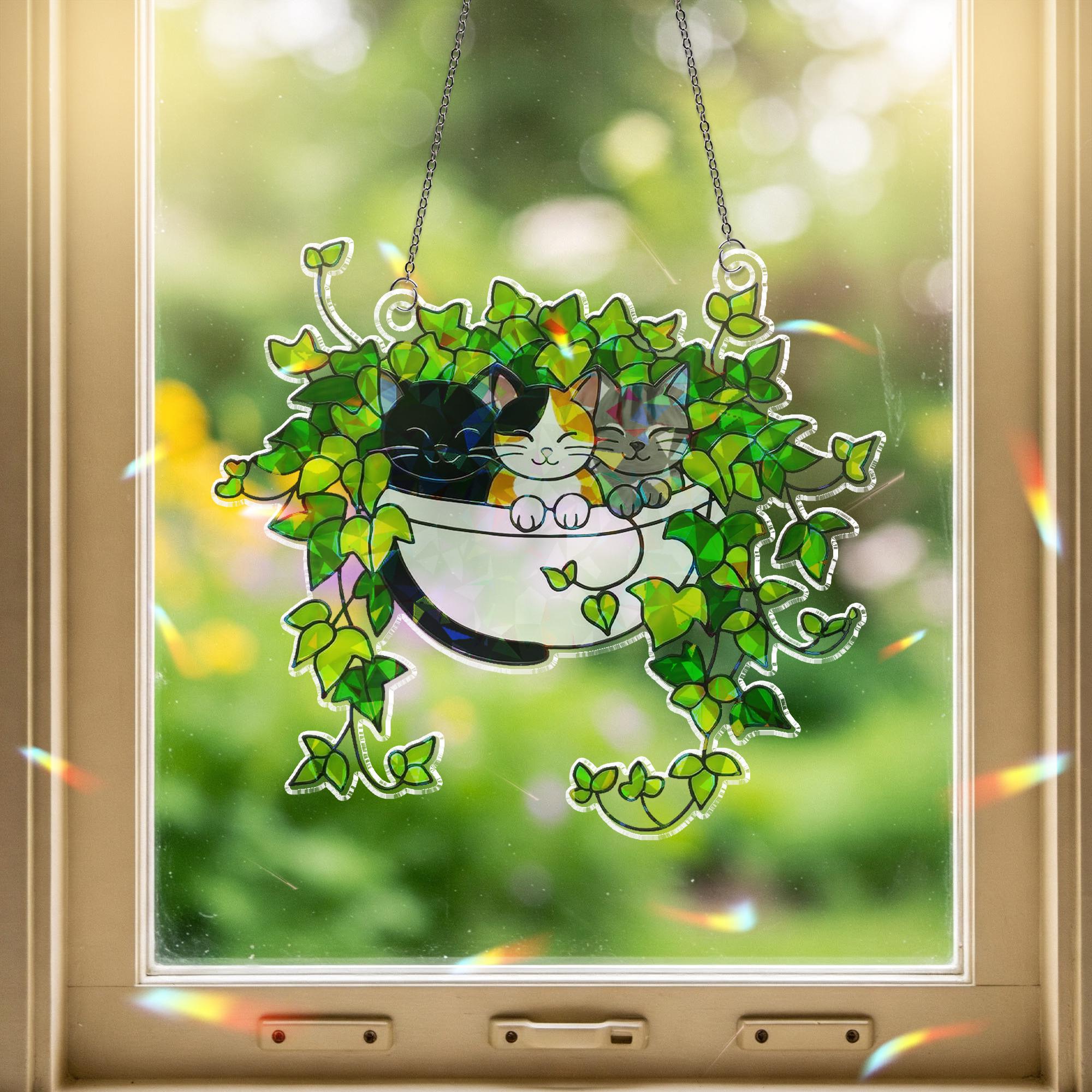 Three Cats Sleeping on Ivy Hologram Ornament, Cats ACRYLIC Window Hanging, Plant Lover Gift, Ivy Plants Decor, Cat Decor, Gift For Mom