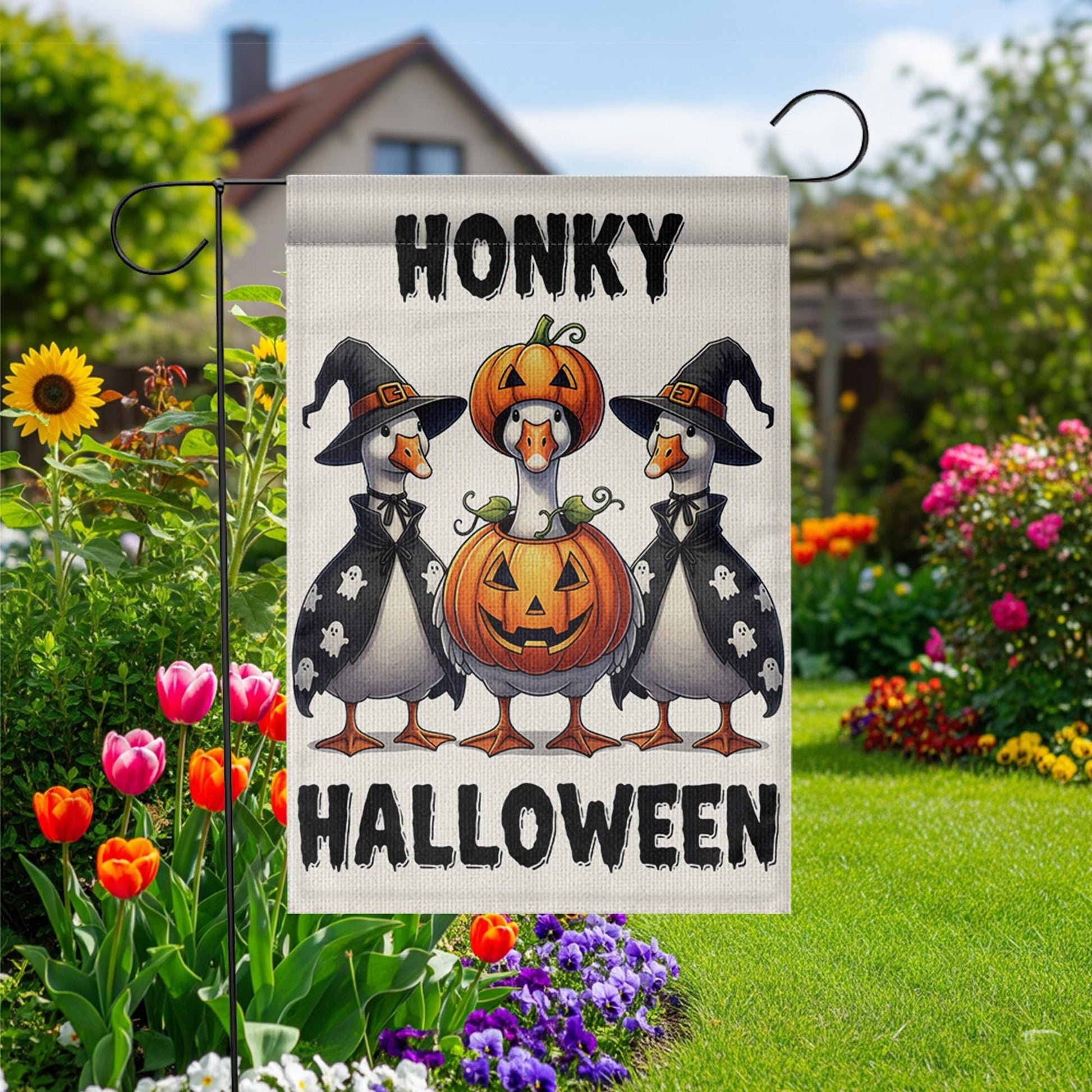 Honky Halloween Goose Garden Flag, Funny Witch Goose Pumpkin Yard Banner, Cute Outdoor Fall Decoration, Spooky Garden Flag