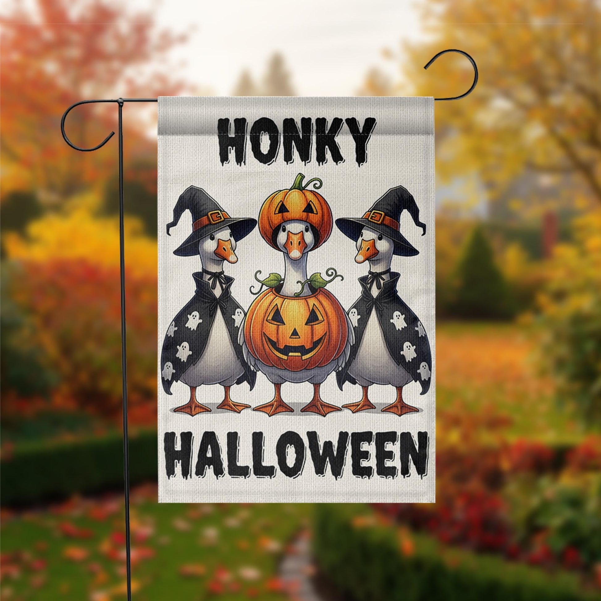 Honky Halloween Goose Garden Flag, Funny Witch Goose Pumpkin Yard Banner, Cute Outdoor Fall Decoration, Spooky Garden Flag