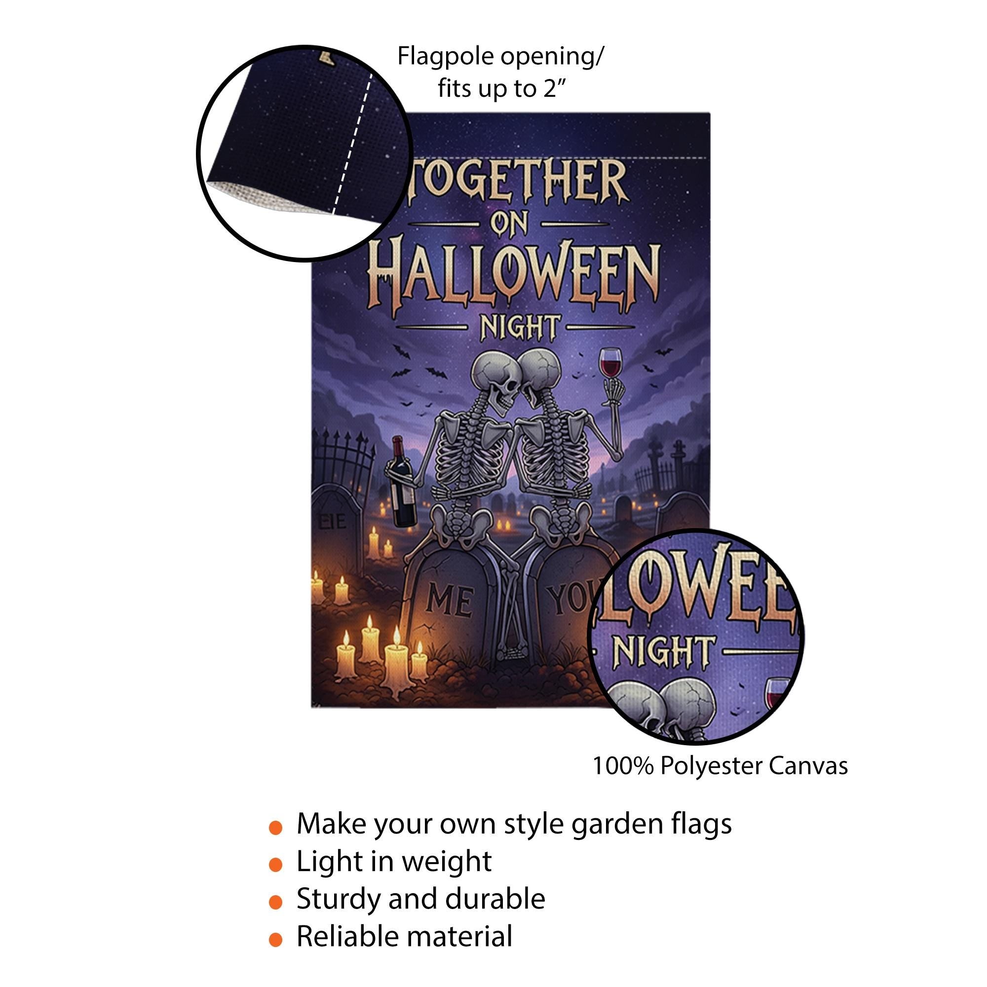 Romantic Skeleton Couple Halloween Garden Flag, Together on Halloween Night Graveyard Banner, Spooky Love Outdoor Decor, Gothic Fall Flag