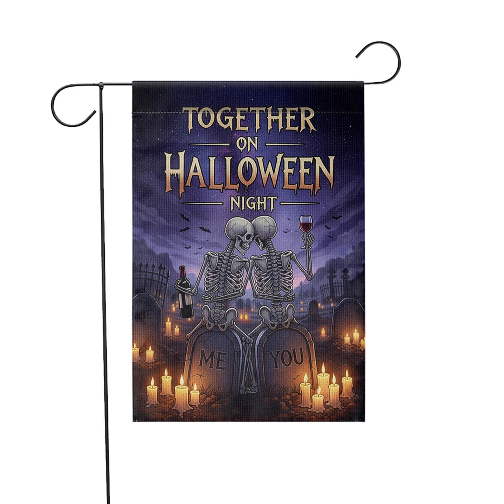 Romantic Skeleton Couple Halloween Garden Flag, Together on Halloween Night Graveyard Banner, Spooky Love Outdoor Decor, Gothic Fall Flag
