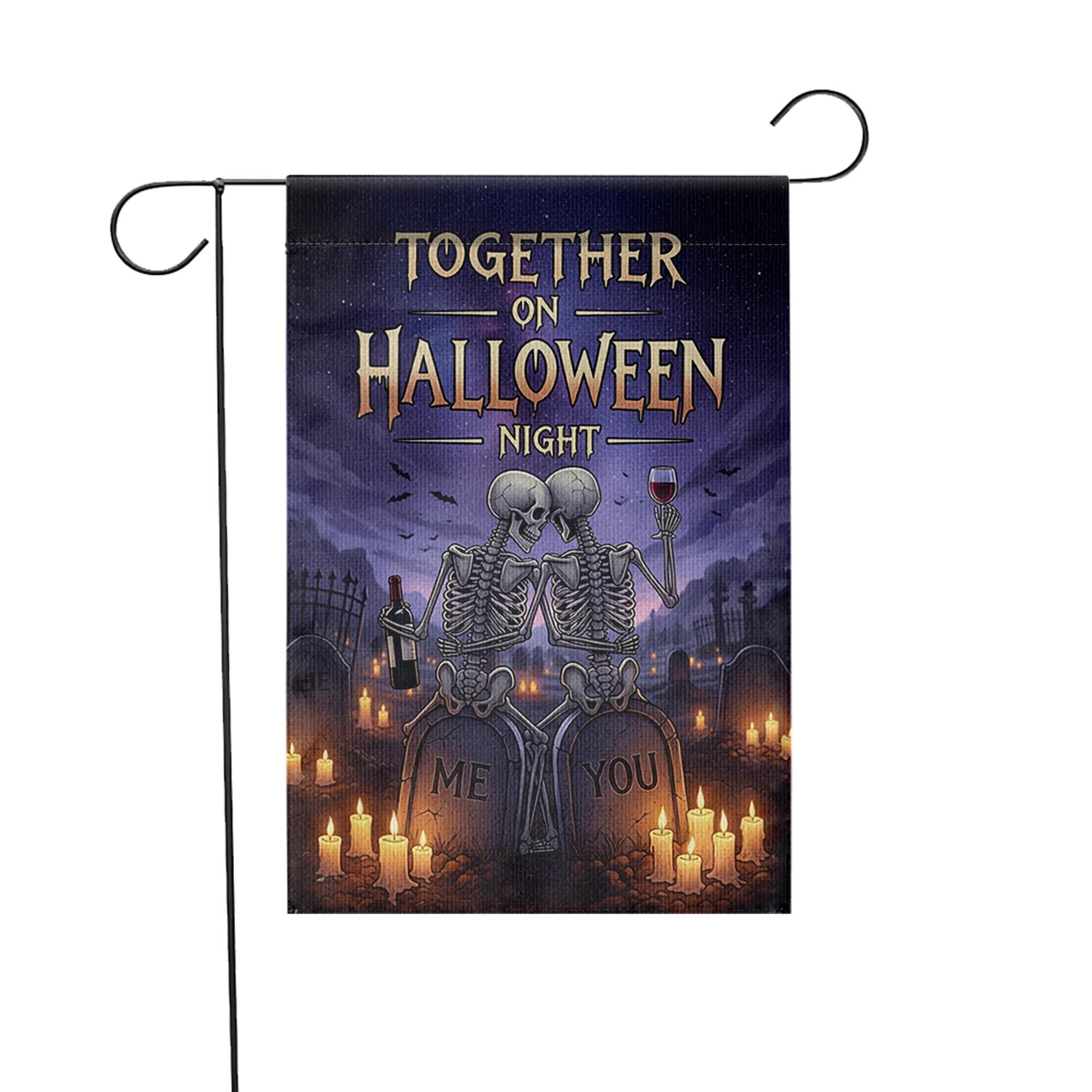 Romantic Skeleton Couple Halloween Garden Flag, Together on Halloween Night Graveyard Banner, Spooky Love Outdoor Decor, Gothic Fall Flag