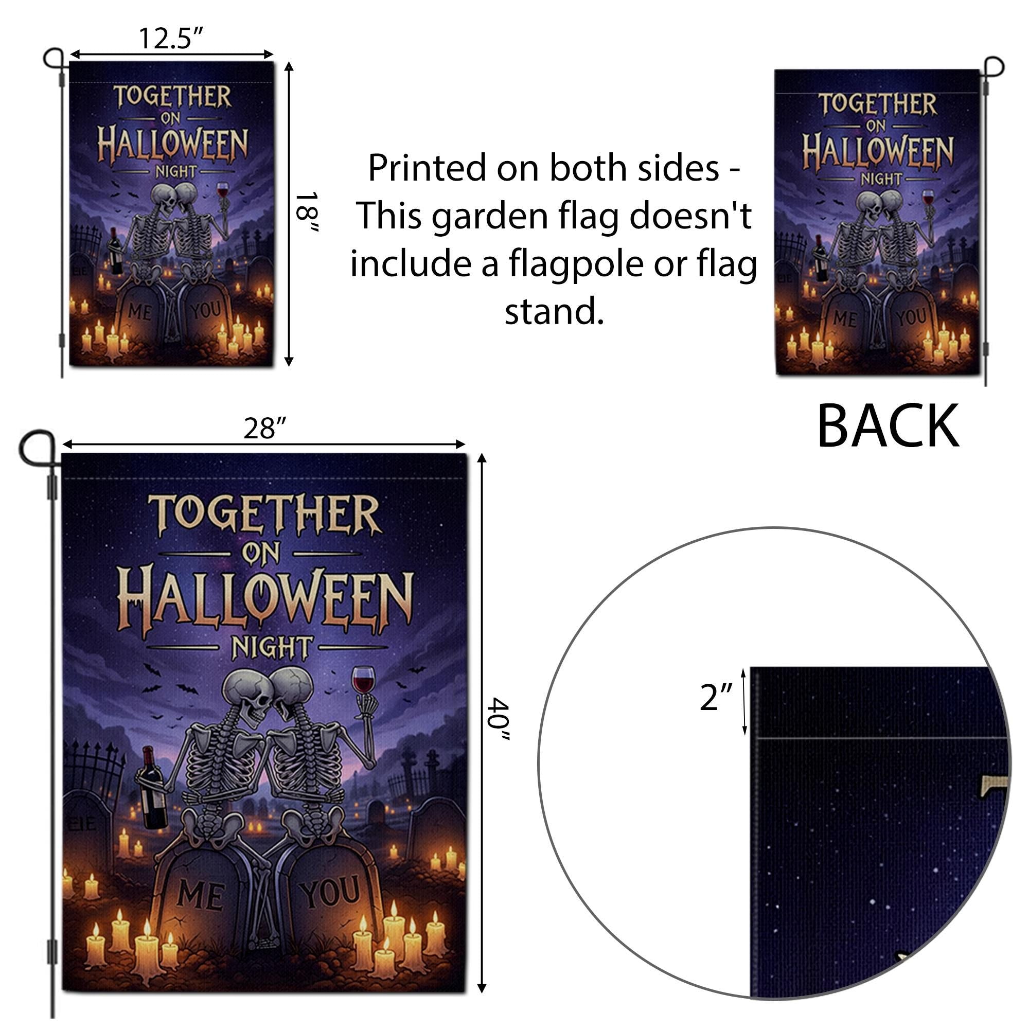 Romantic Skeleton Couple Halloween Garden Flag, Together on Halloween Night Graveyard Banner, Spooky Love Outdoor Decor, Gothic Fall Flag