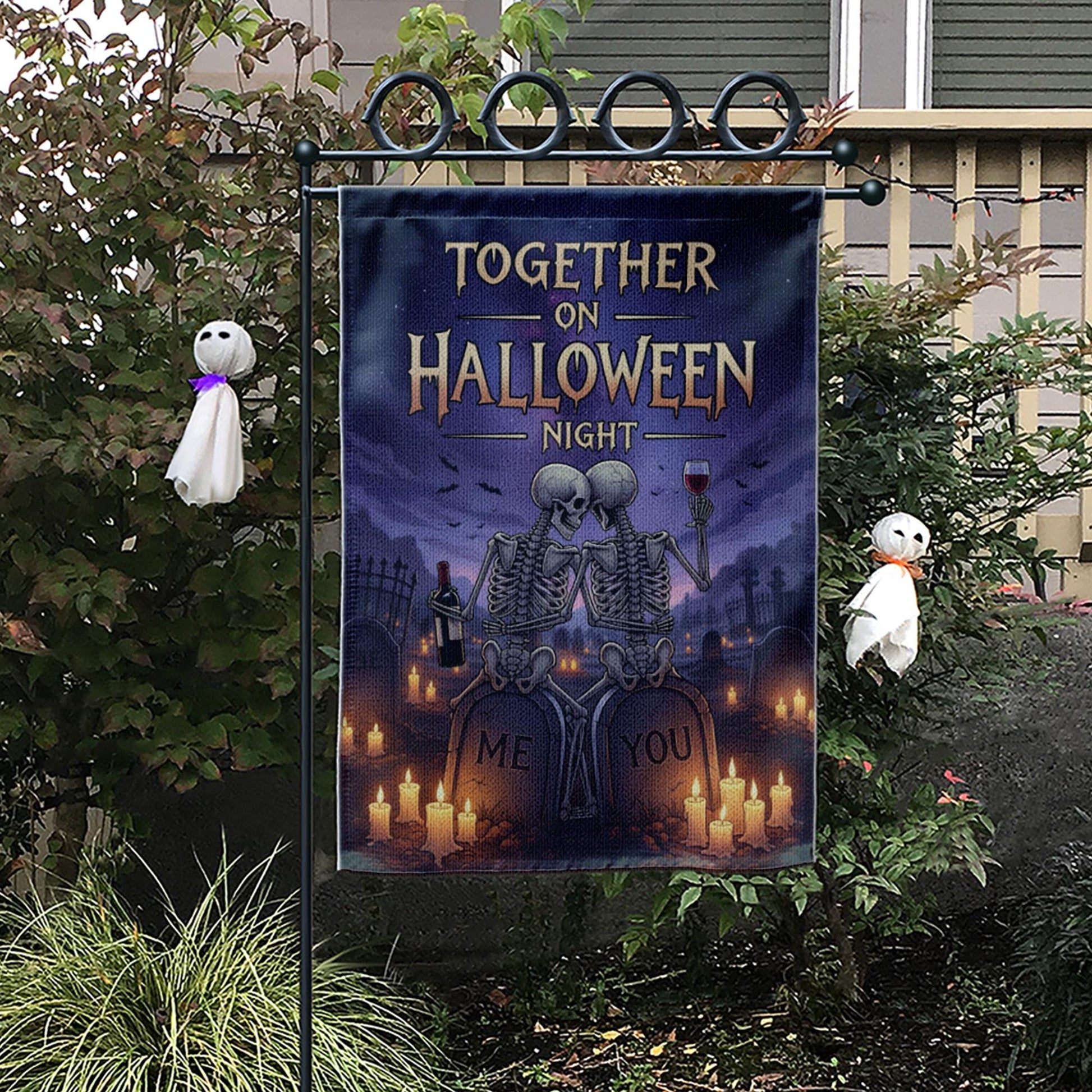 Romantic Skeleton Couple Halloween Garden Flag, Together on Halloween Night Graveyard Banner, Spooky Love Outdoor Decor, Gothic Fall Flag