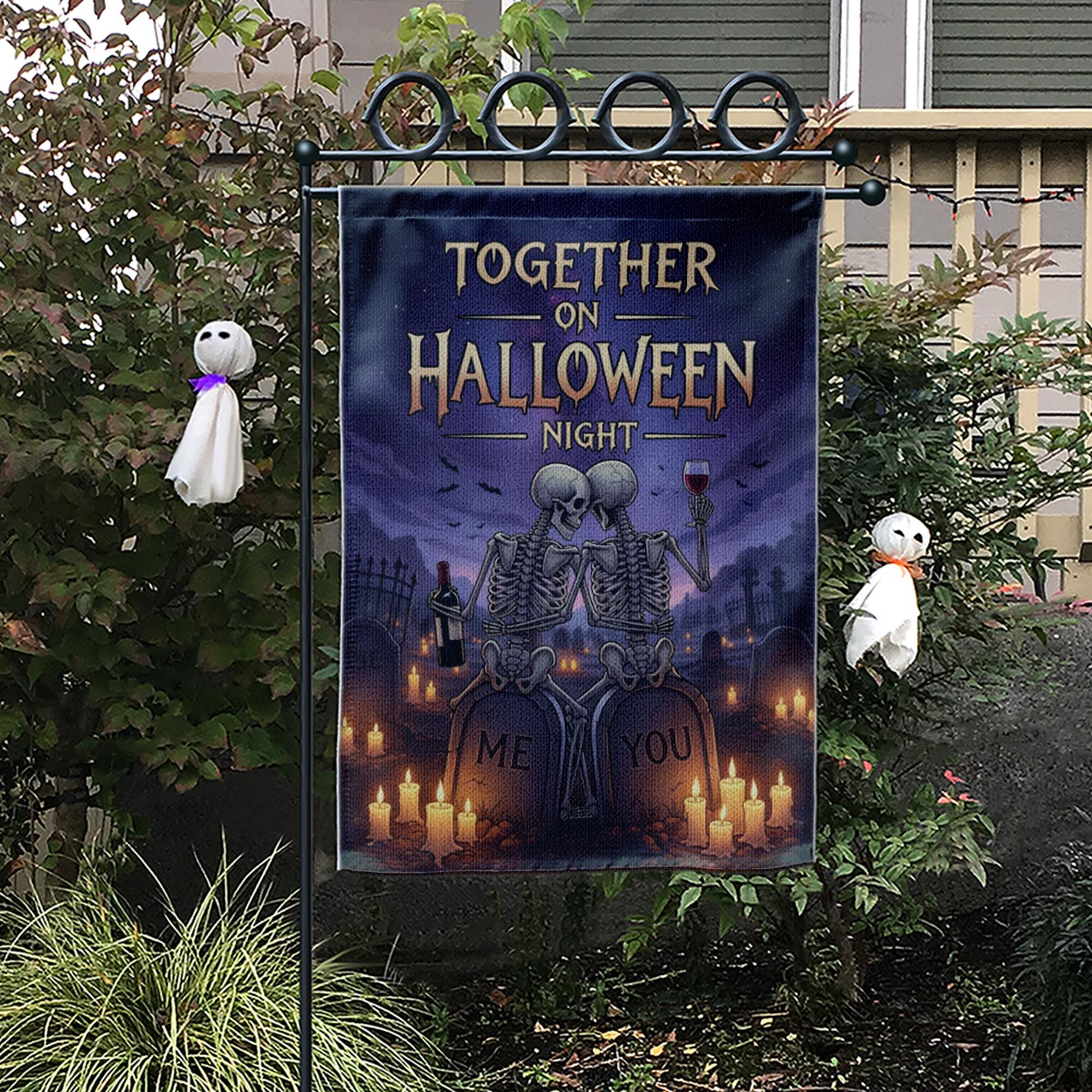 Romantic Skeleton Couple Halloween Garden Flag, Together on Halloween Night Graveyard Banner, Spooky Love Outdoor Decor, Gothic Fall Flag