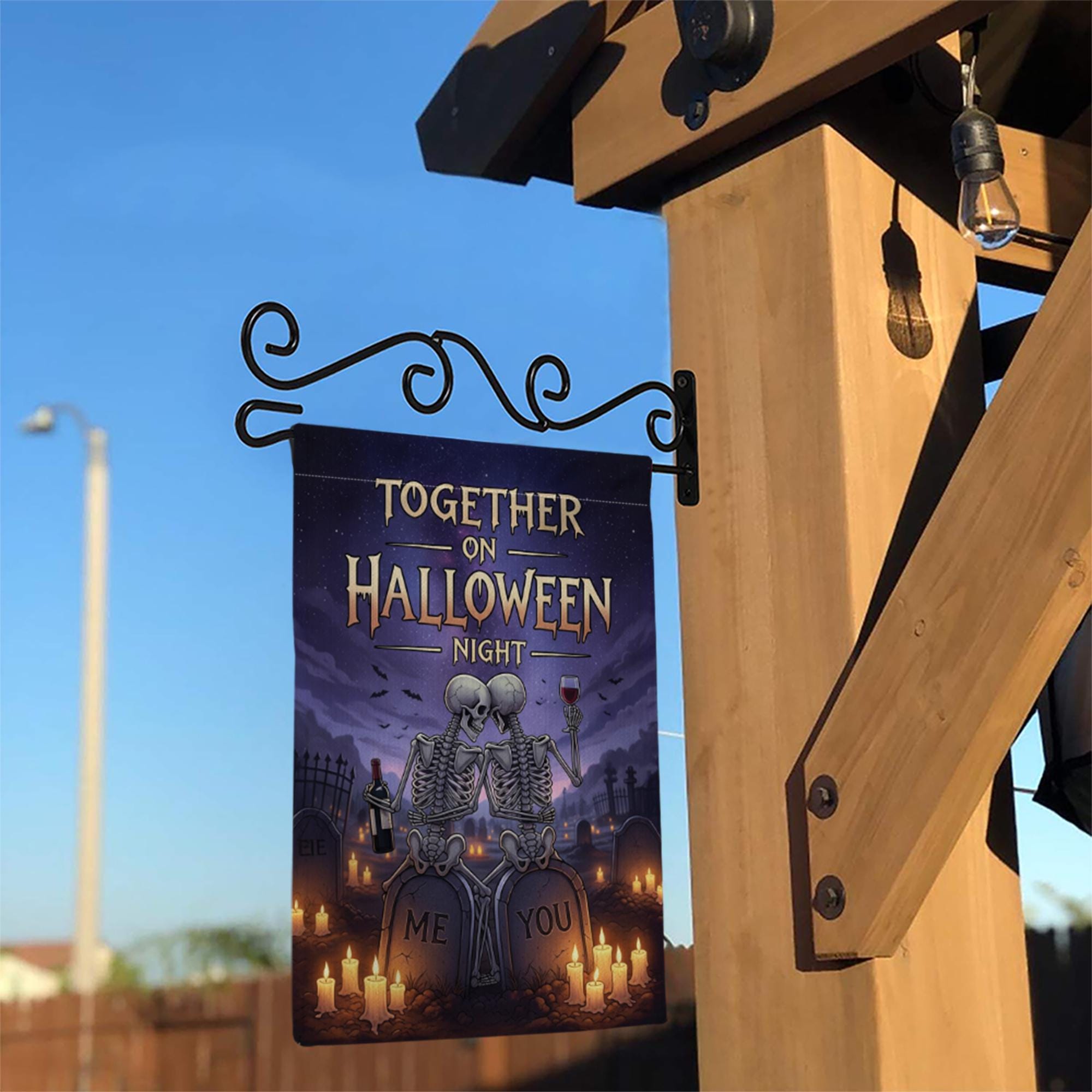 Romantic Skeleton Couple Halloween Garden Flag, Together on Halloween Night Graveyard Banner, Spooky Love Outdoor Decor, Gothic Fall Flag